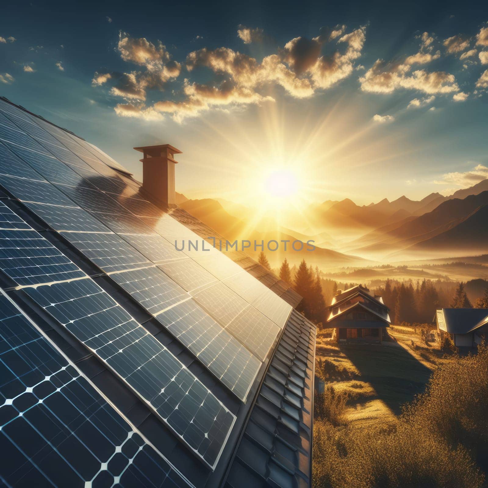 Solar panel on a roof with a beautiful sunrise and mountains in the background