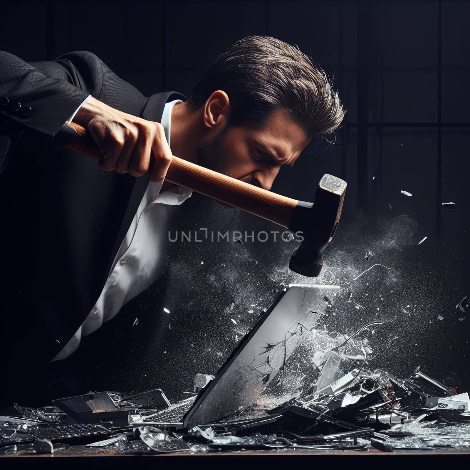 Angry man in a suit smashing a computer monitor or laptop with a hammer, in black and white with a dark background