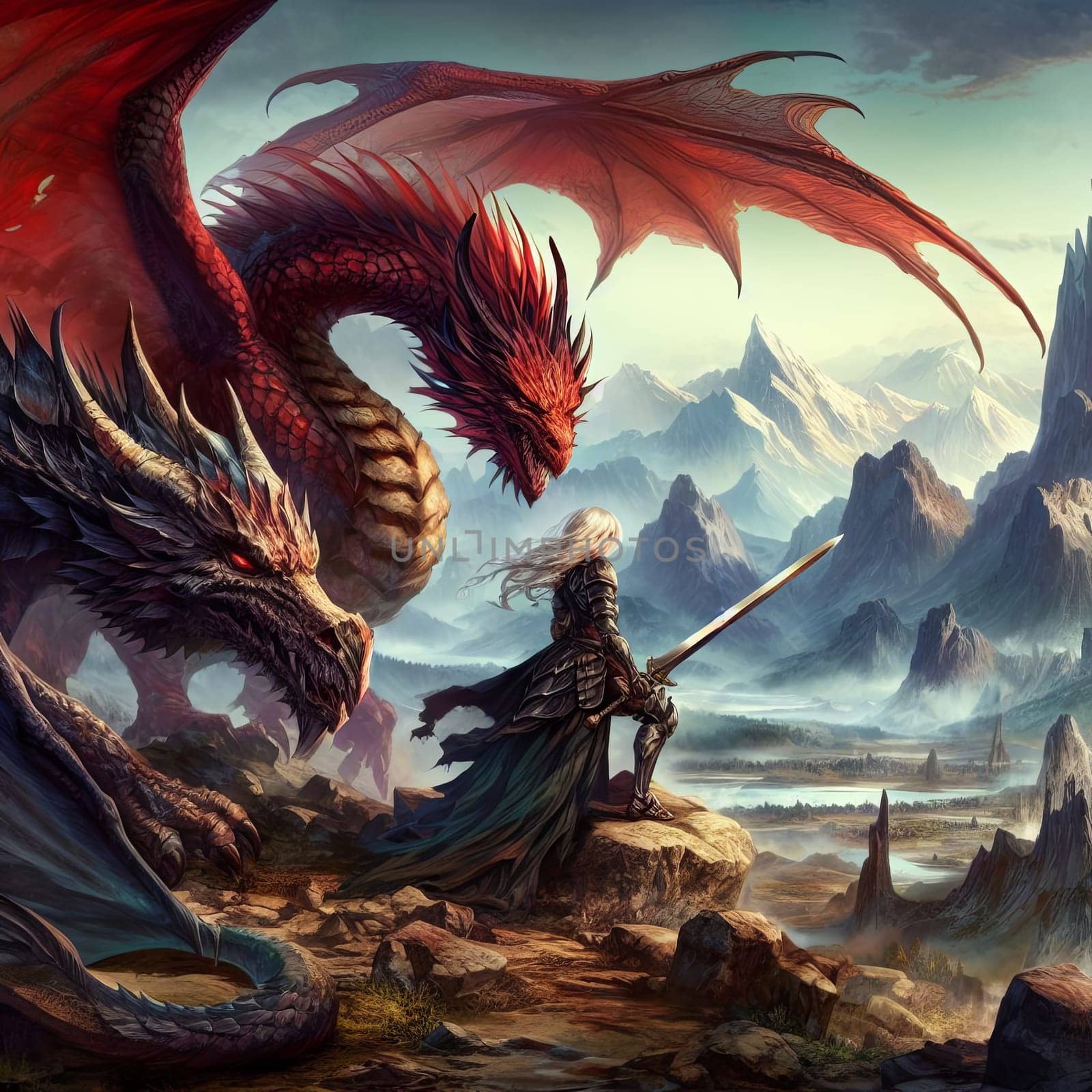 Illustration of a red dragon and a warrior woman in a fantasy landscape with mountains and a lake