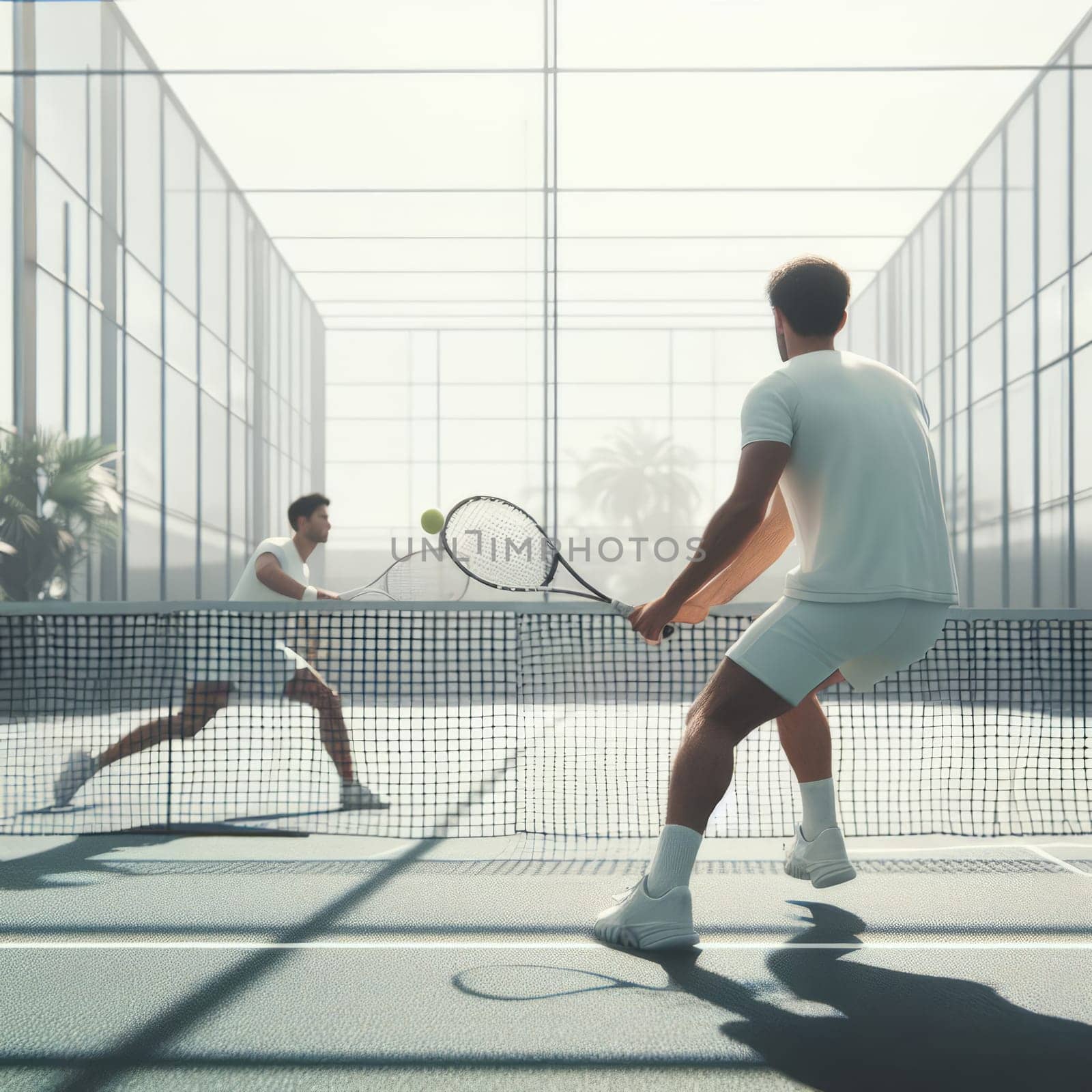 Two men engaged in a tennis match on an indoor court, palm trees in the background
