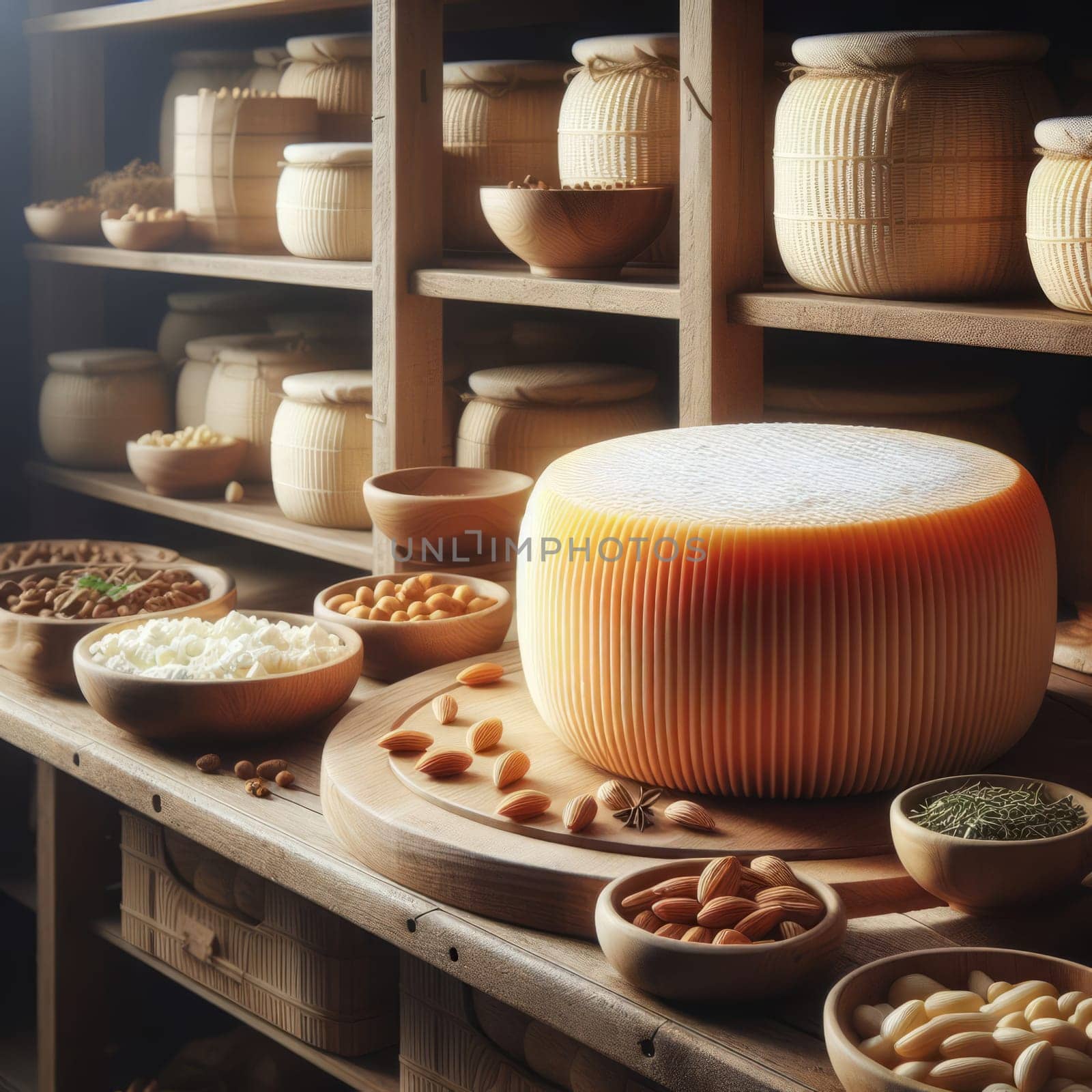 Large round cheese on wooden shelf, surrounded by various nuts, spices, and pottery