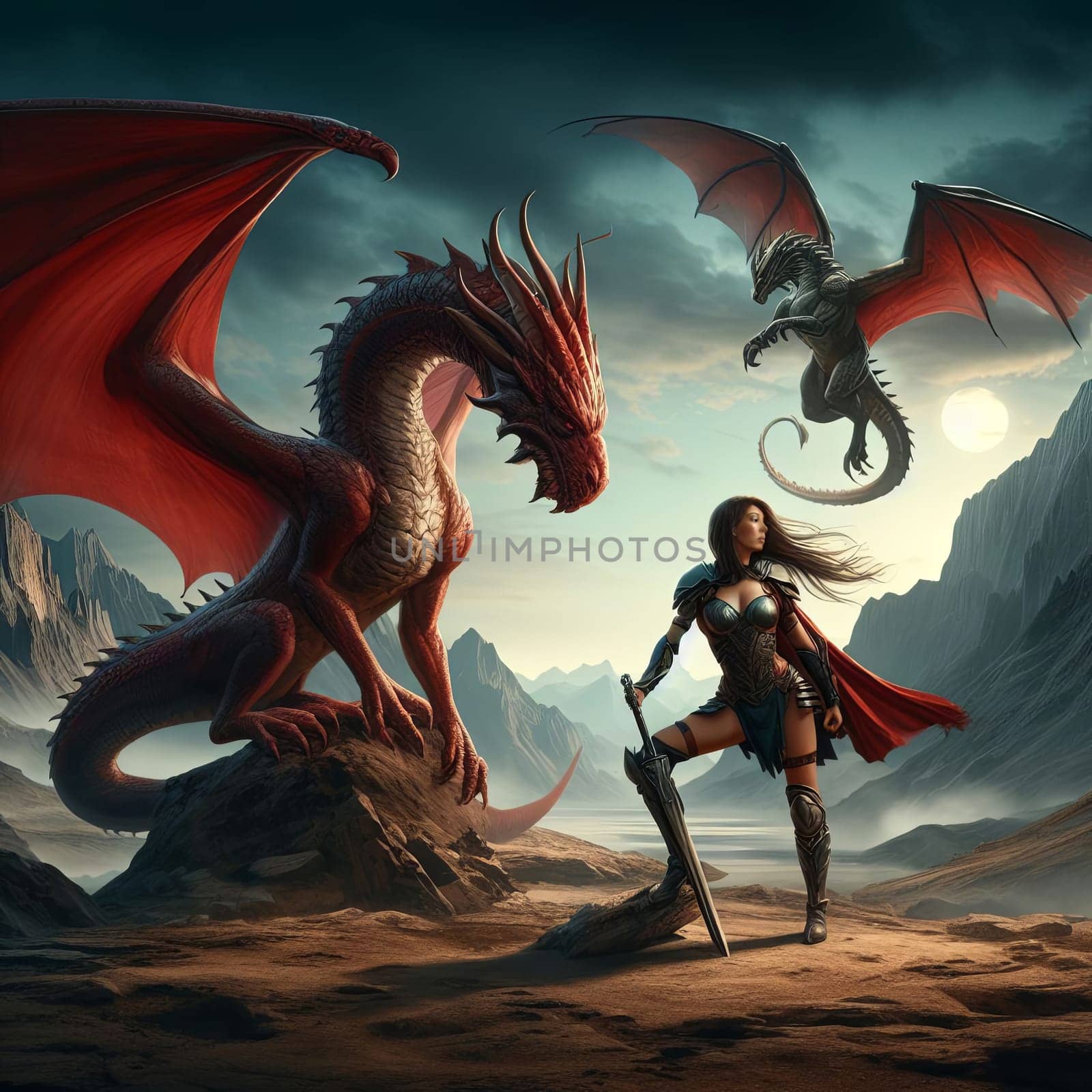 Fantasy illustration of a warrior woman facing two dragons in a desert landscape