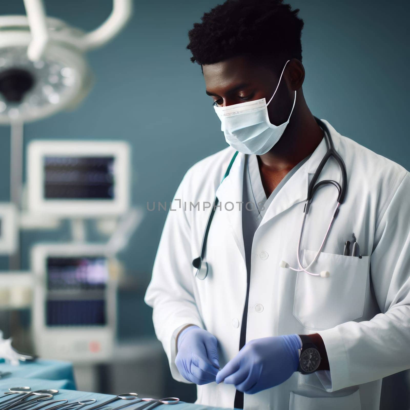 African american doctor in hospital operating room, wearing white coat, stethoscope, and blue gloves