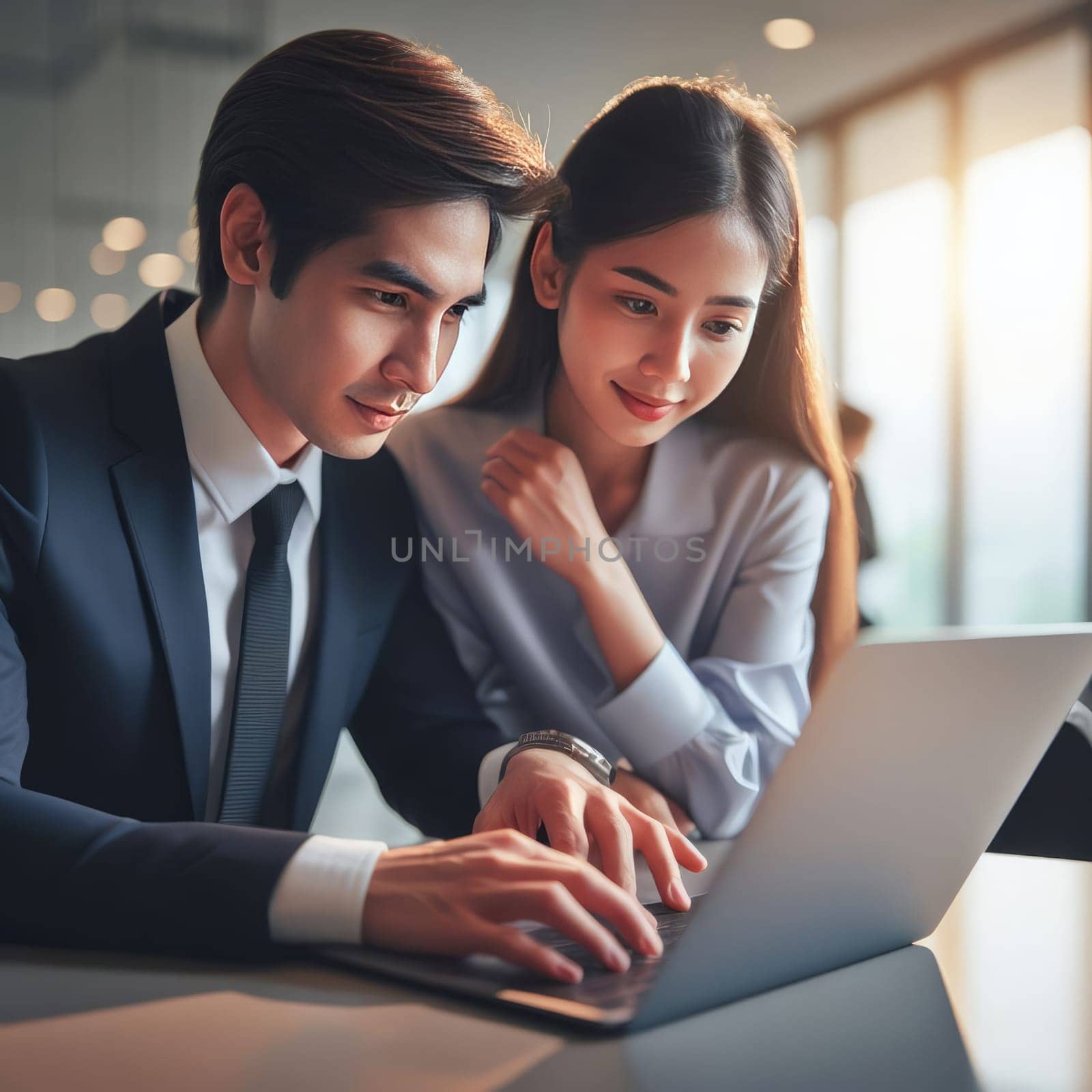 Two professionals collaborating on a laptop, immersed in work, in a well-lit office environment