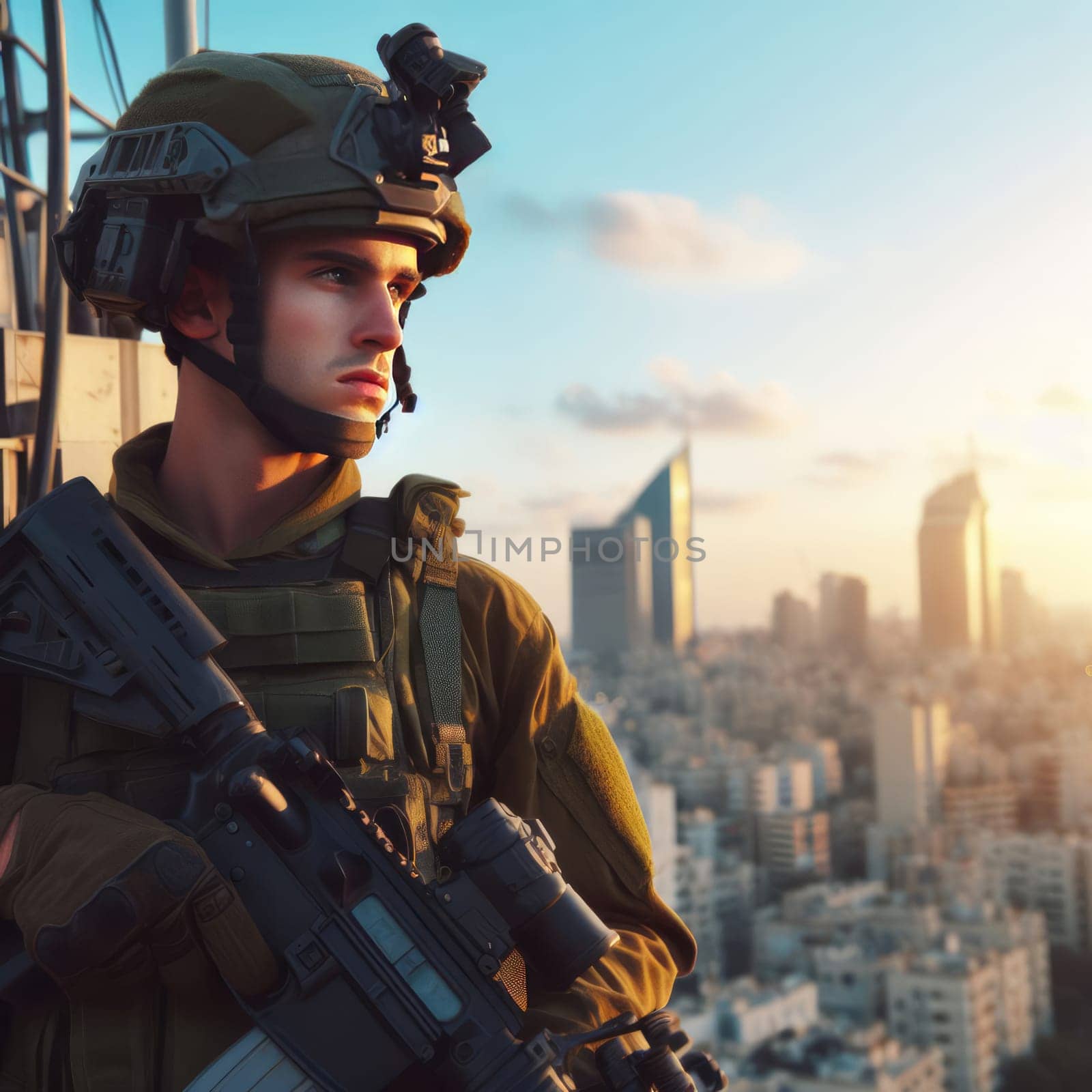 Israeli soldier in full gear with a blurred city skyline in the background
