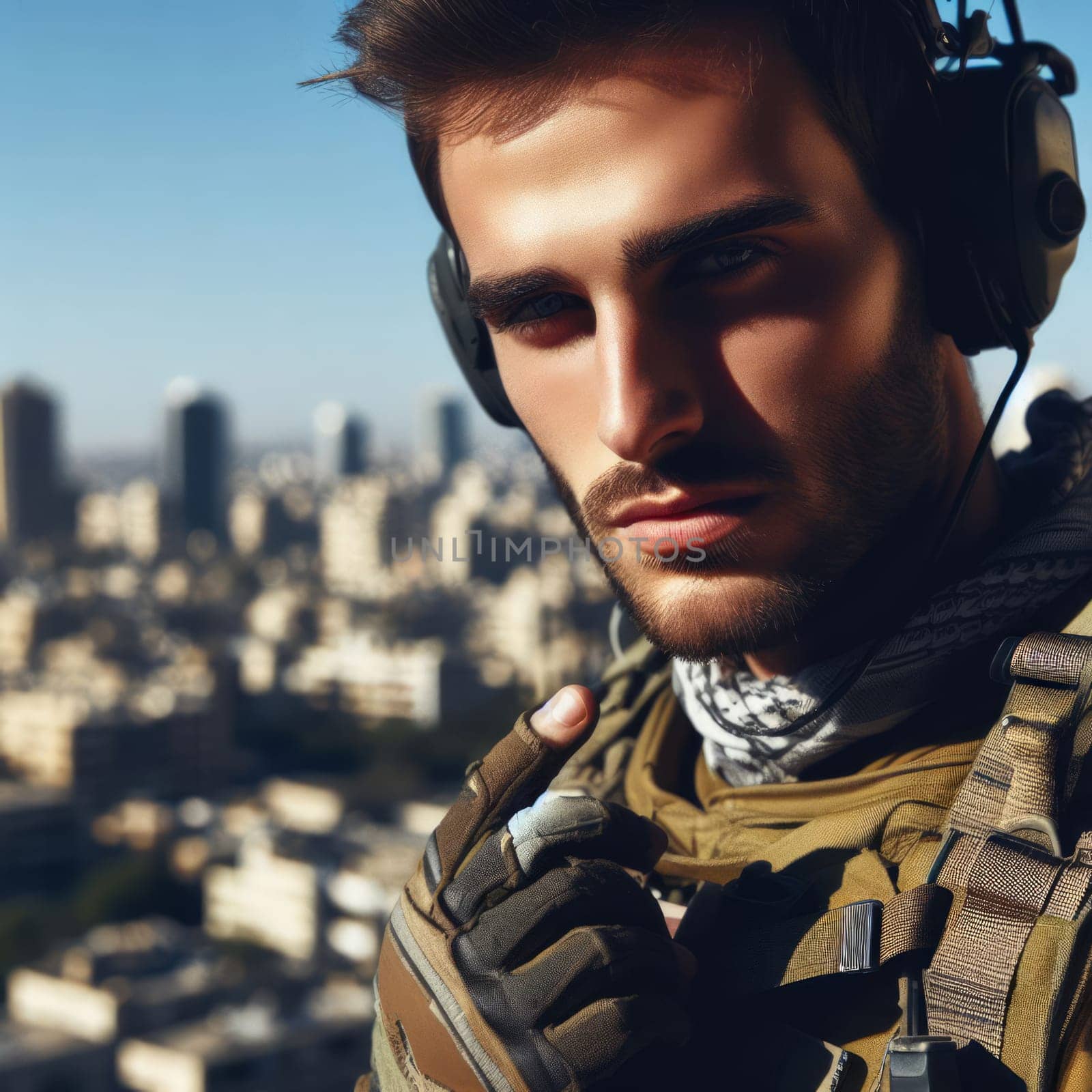 Young man in tactical gear, headphones on, overlooking a cityscape