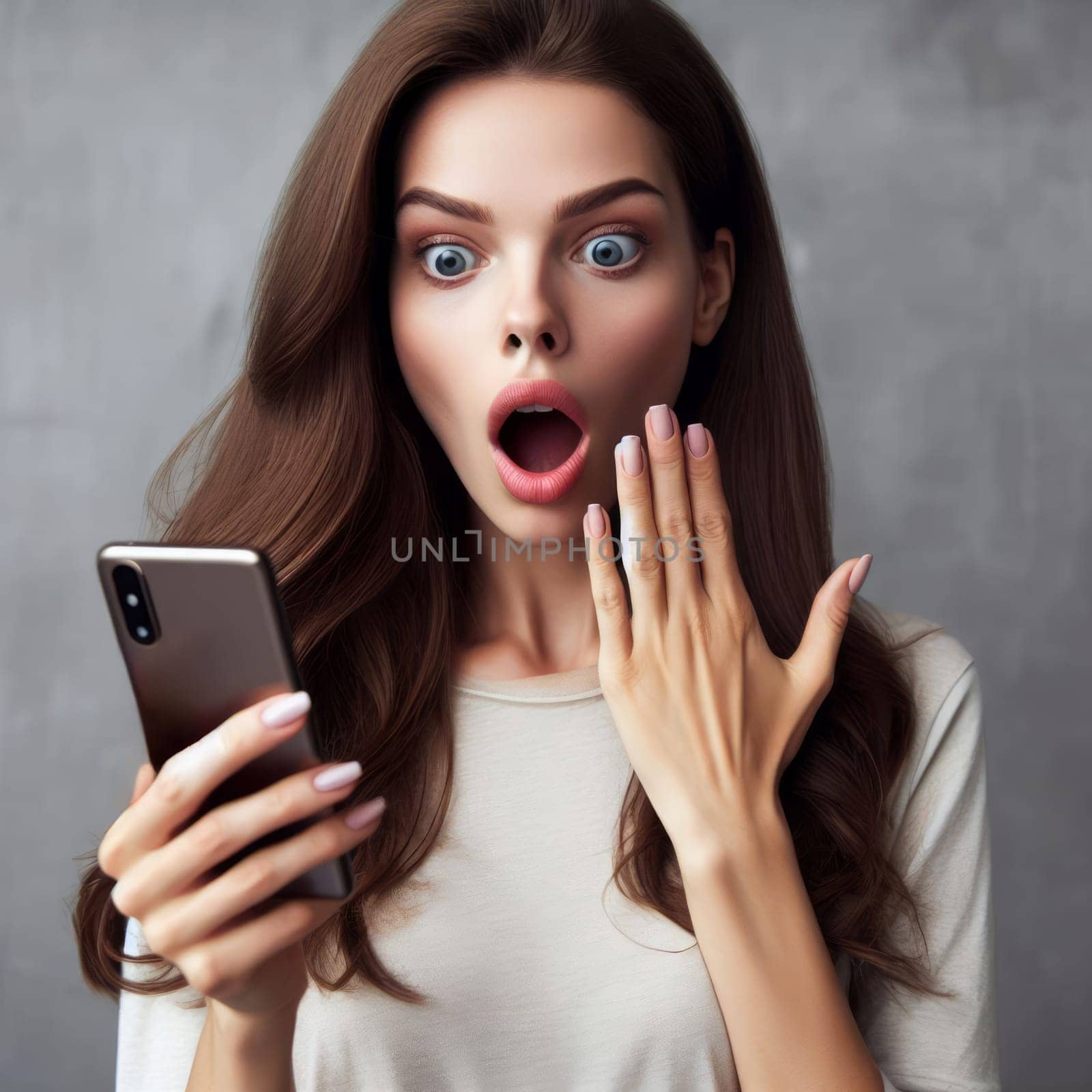 A pretty woman holding a smartphone, expressing surprise or awe against a grey backdrop