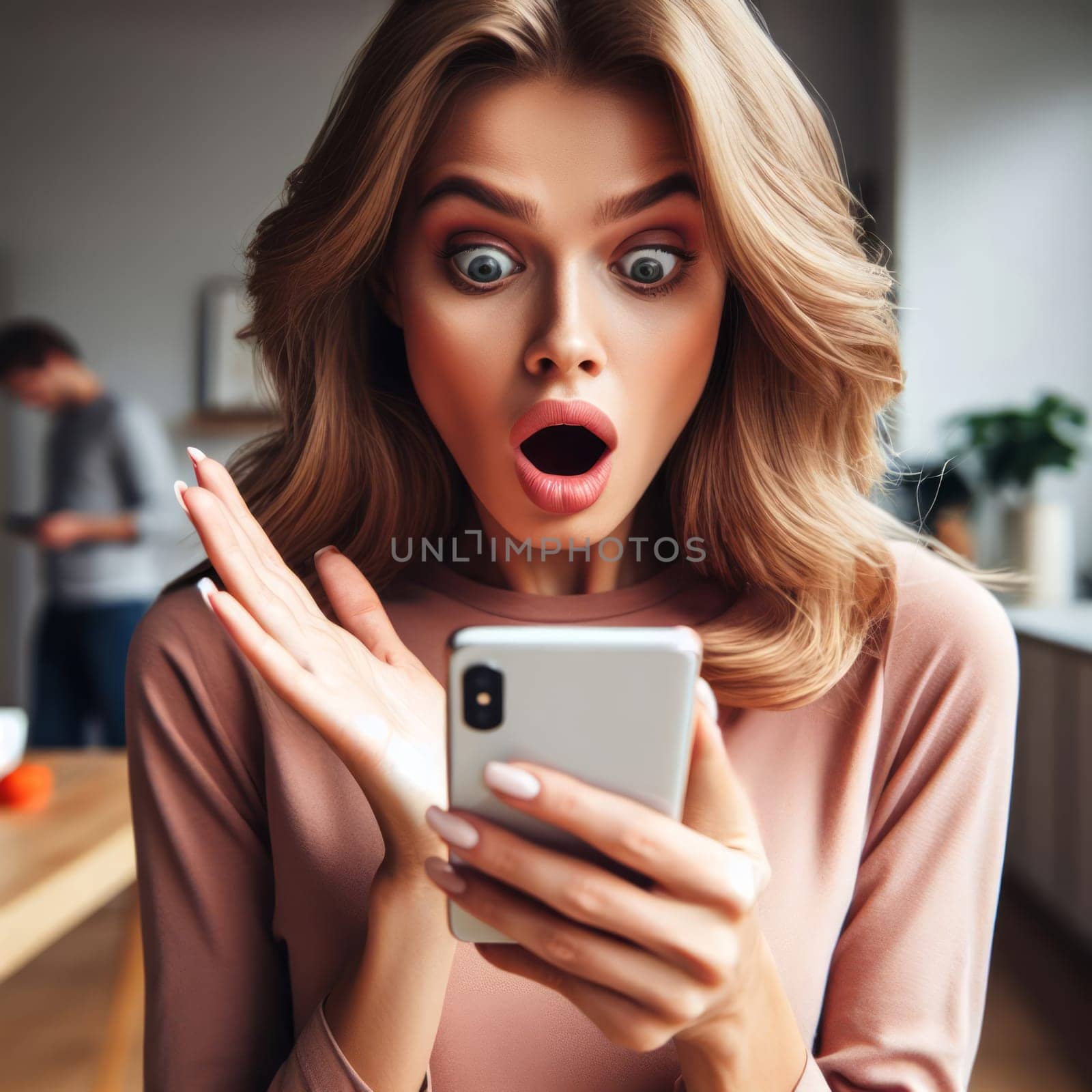 Surprised young woman holding a smartphone, reacting to unexpected news in a digital message