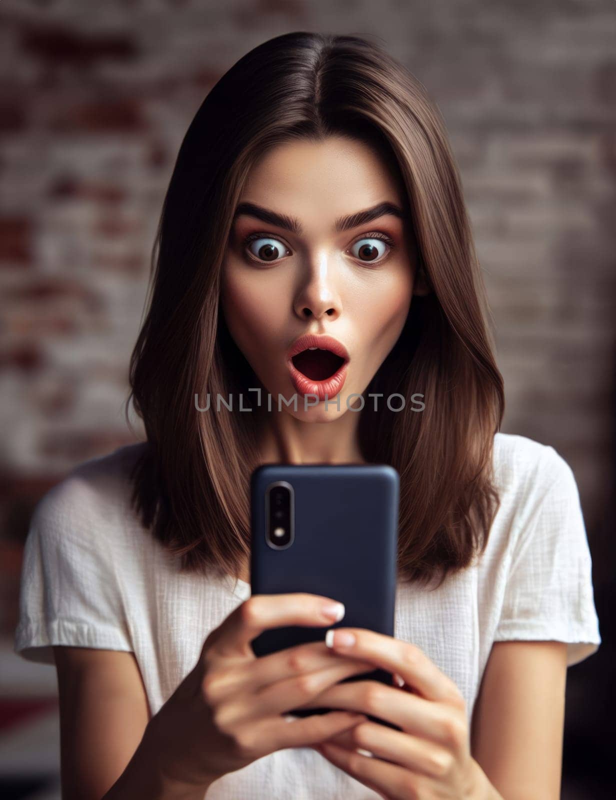 A young surprised woman with long brown hair is holding a smartphone in her hand. She is wearing a white t-shirt and standing in front of a brick wall. by sfinks