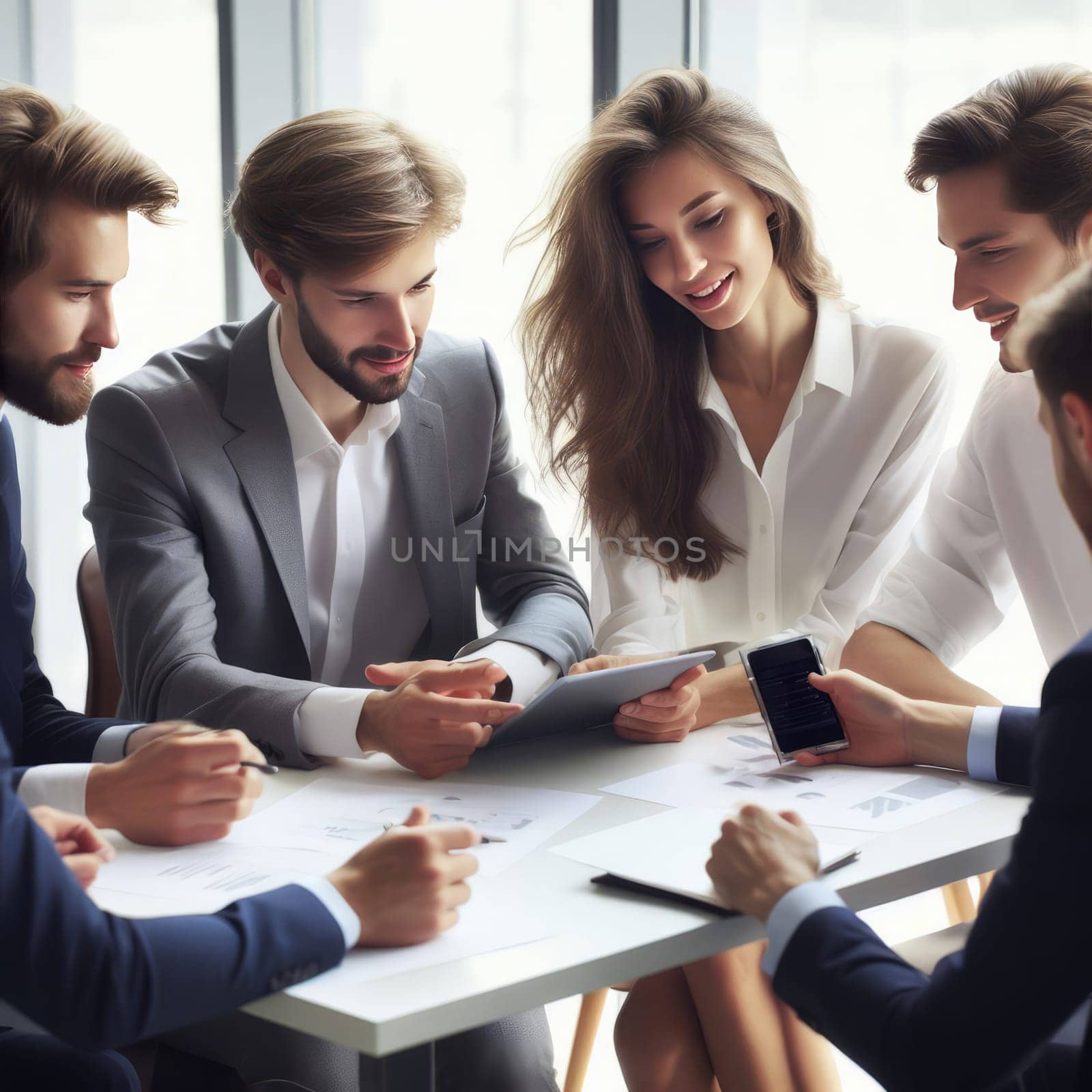 Professionals team in a meeting, discussing documents, bright office setting