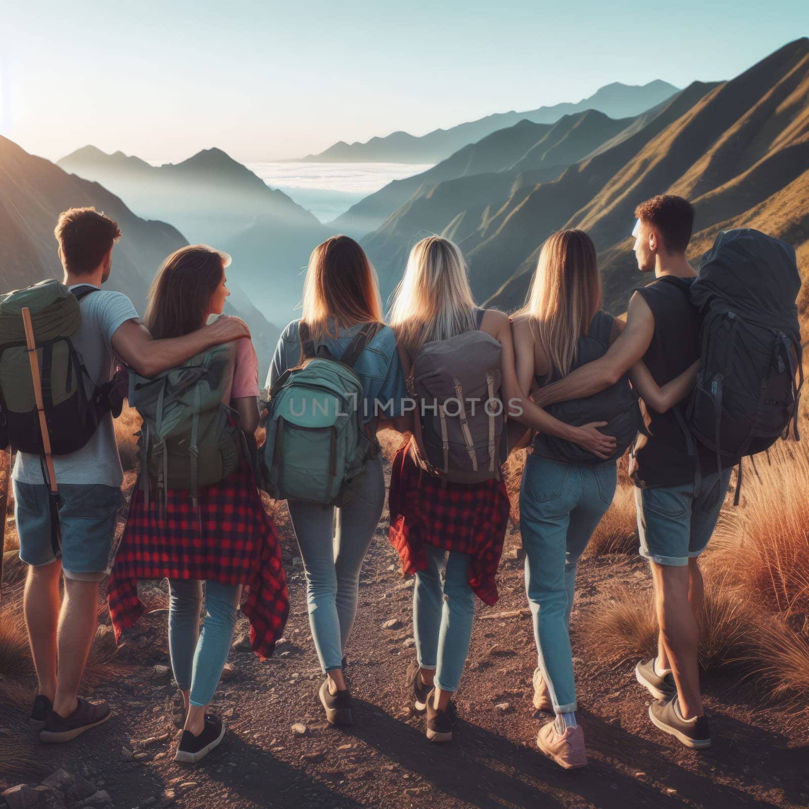 Group of friends hiking in scenic mountains. by sfinks