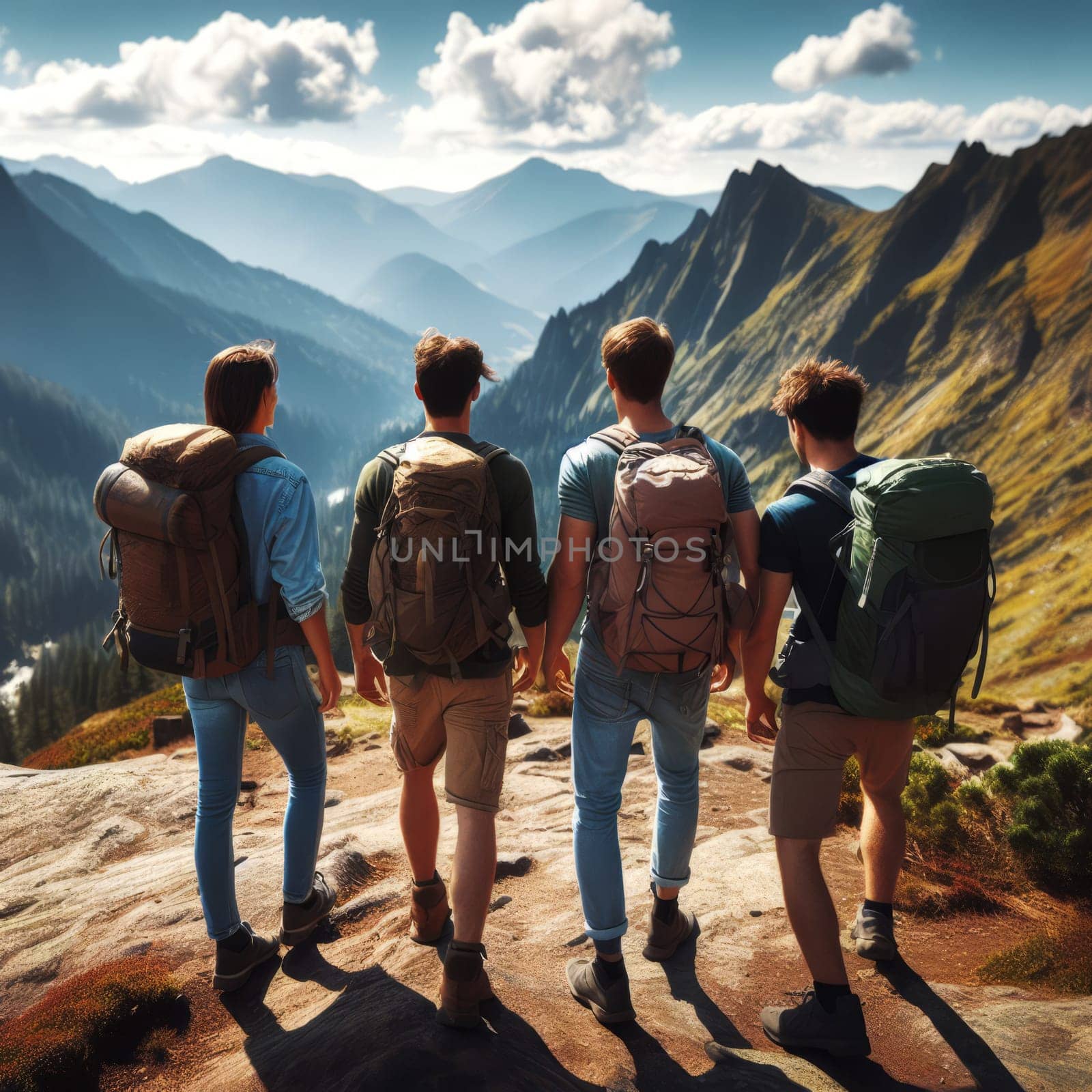 Four hikers atop a mountain, admiring the scenic landscape of sunlit peaks and valleys. by sfinks