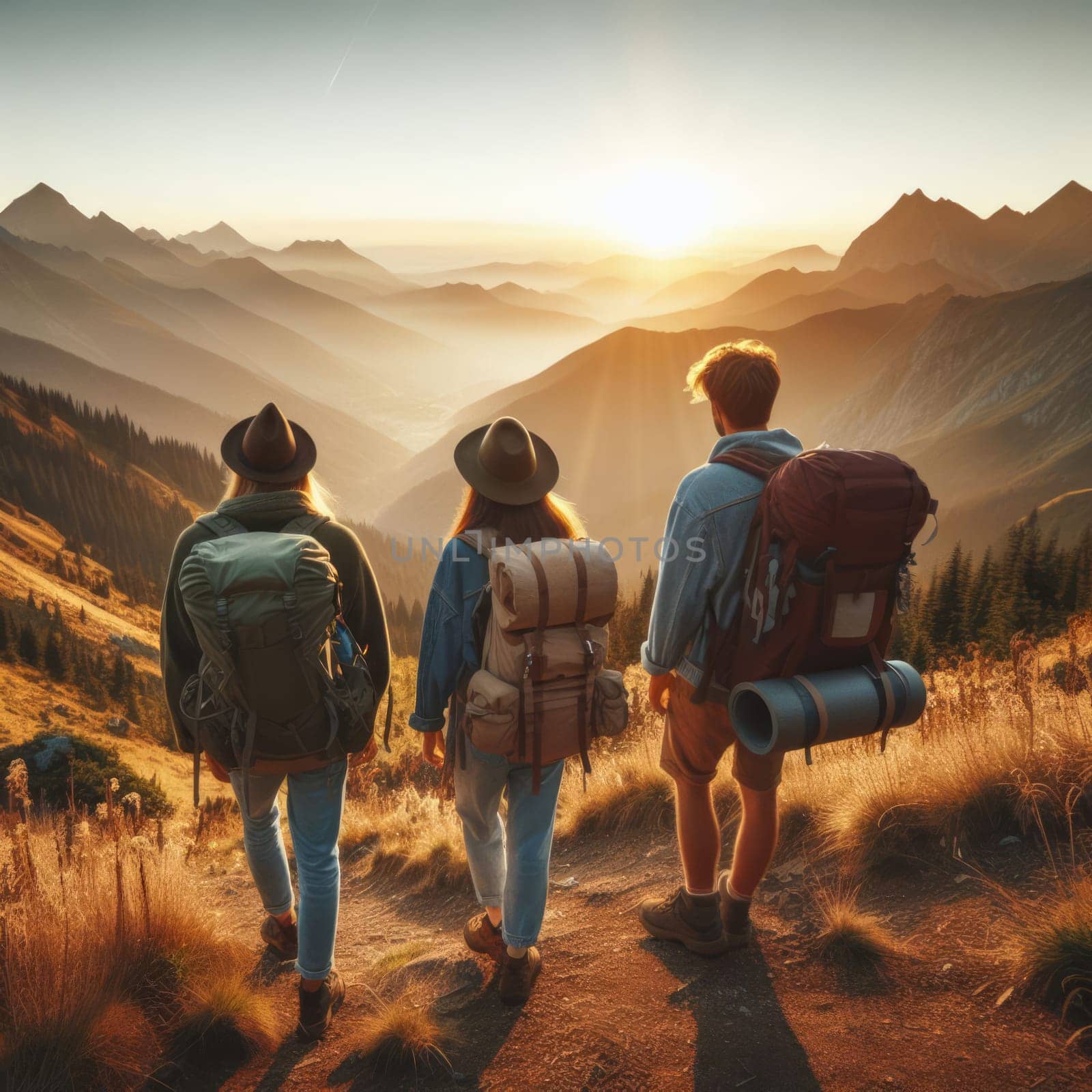 Three hikers admiring a sunrise over misty mountains, embodying the spirit of adventure and exploration