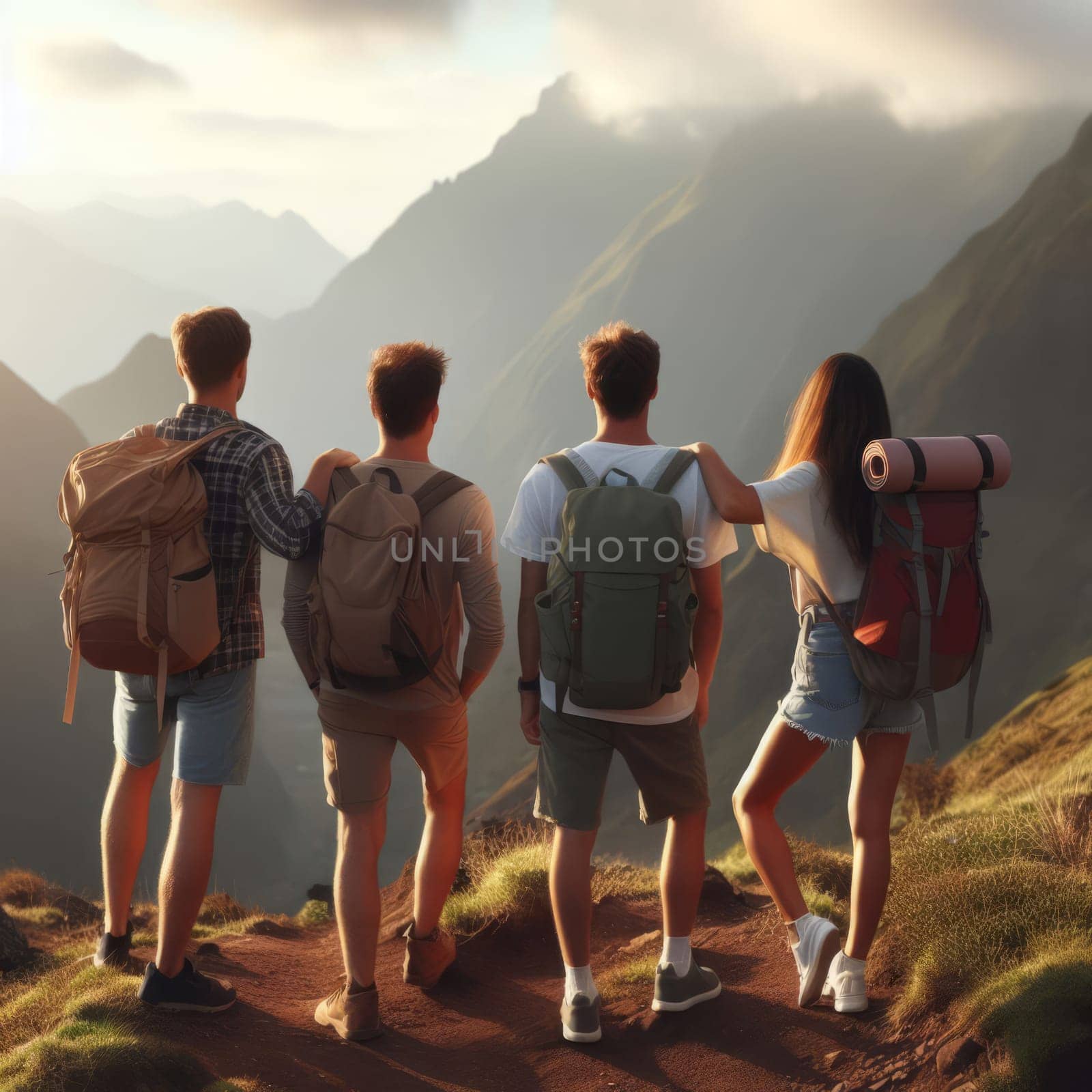 Four friends, bathed in the golden light of sunset, admire a scenic mountain view during their hike