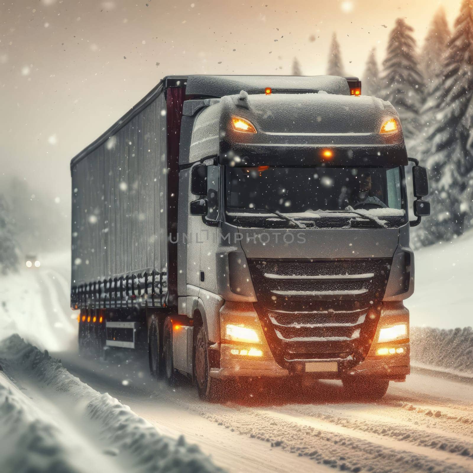 A modern semi-truck braves the winter weather, driving down a snowy road with a backdrop of trees. by sfinks