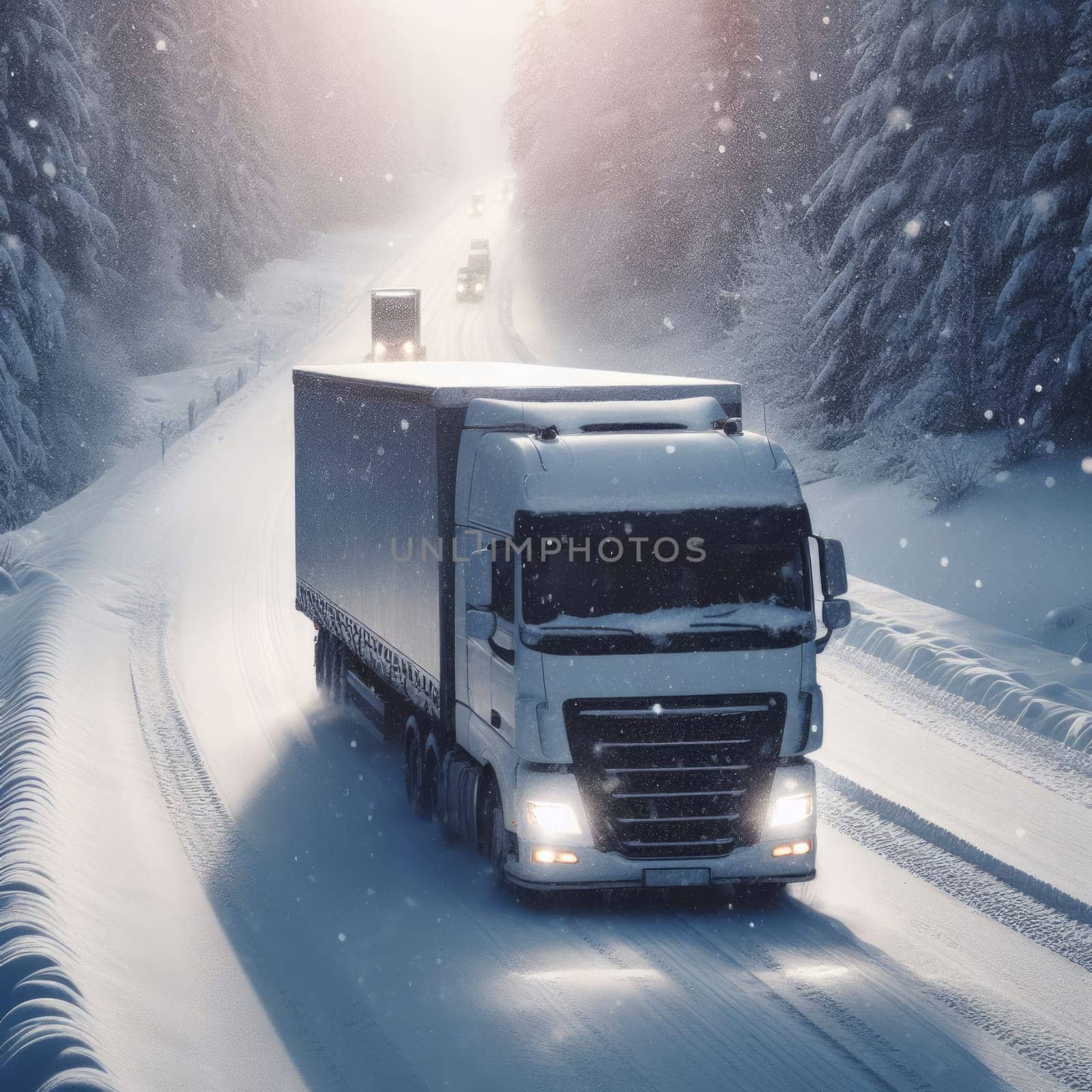 A white truck traverses a snowy road, flanked by snow-laden trees, under a cloudy winter sky. by sfinks