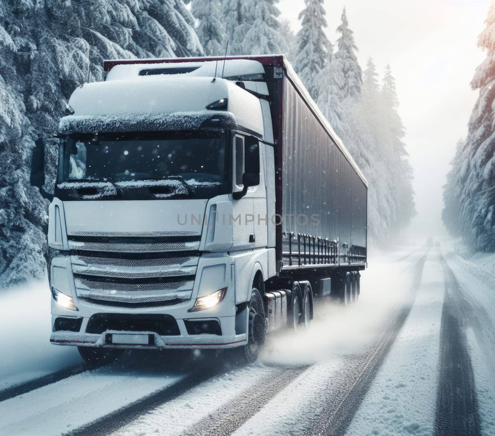 A white truck driving on a snowy road with trees on either side