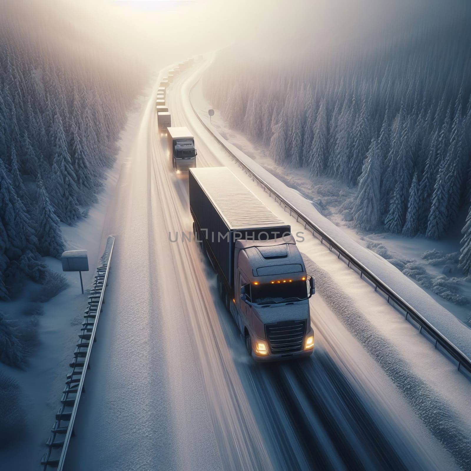 An aerial view of a snowy highway bustling with trucks, framed by snow-covered trees on either side. by sfinks