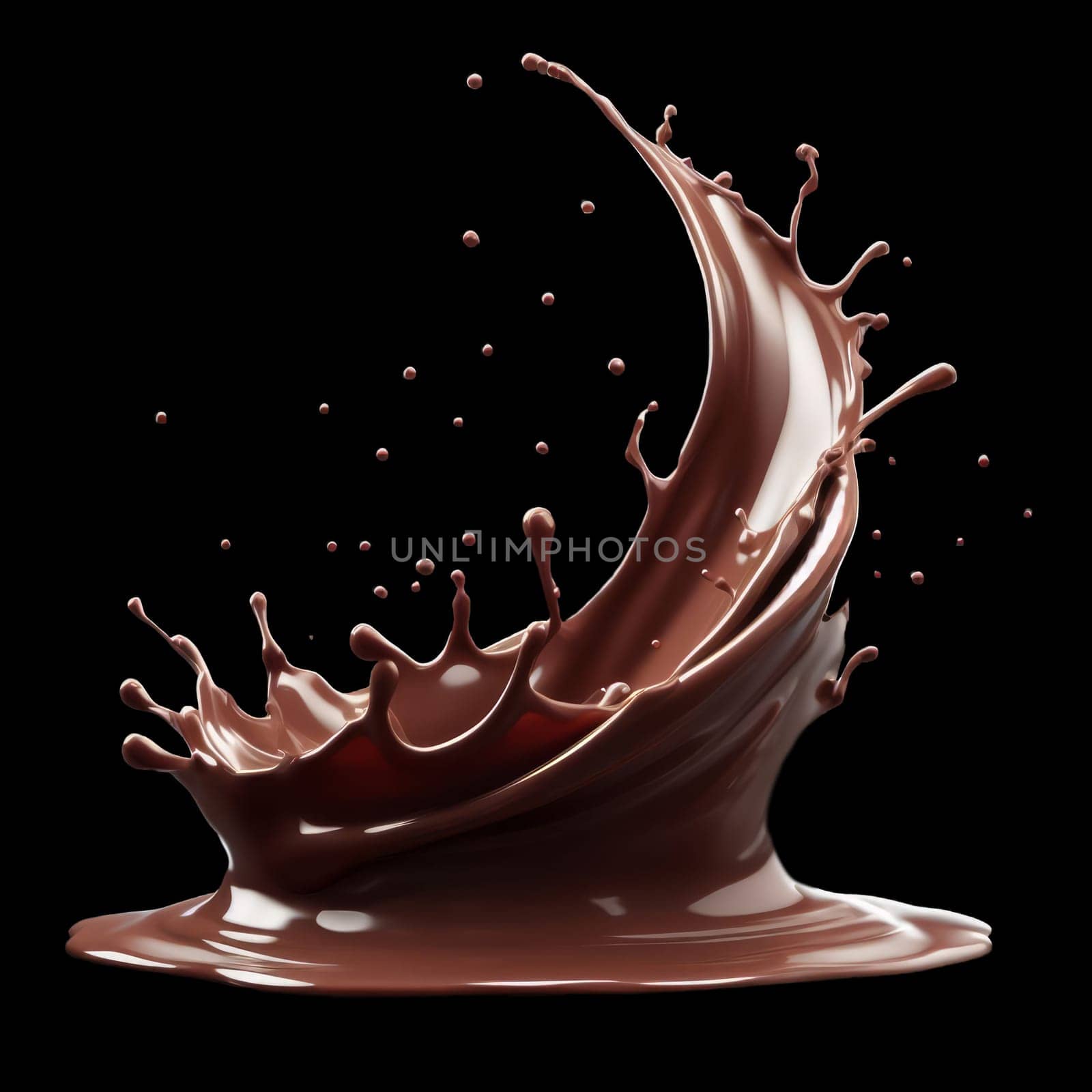 Dynamic splash of chocolate captured mid-air, showcasing its glossy texture and rich color against a dark background. by sfinks