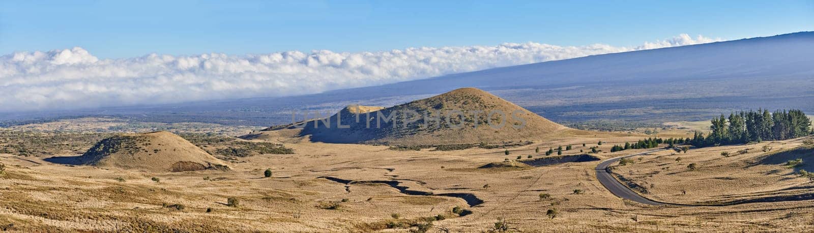 Desert, banner and landscape of mountains in nature, countryside or journey to inactive volcano in Hawaii. Hill, road and travel to bush in valley with grass, plants and clouds on horizon in blue sky.