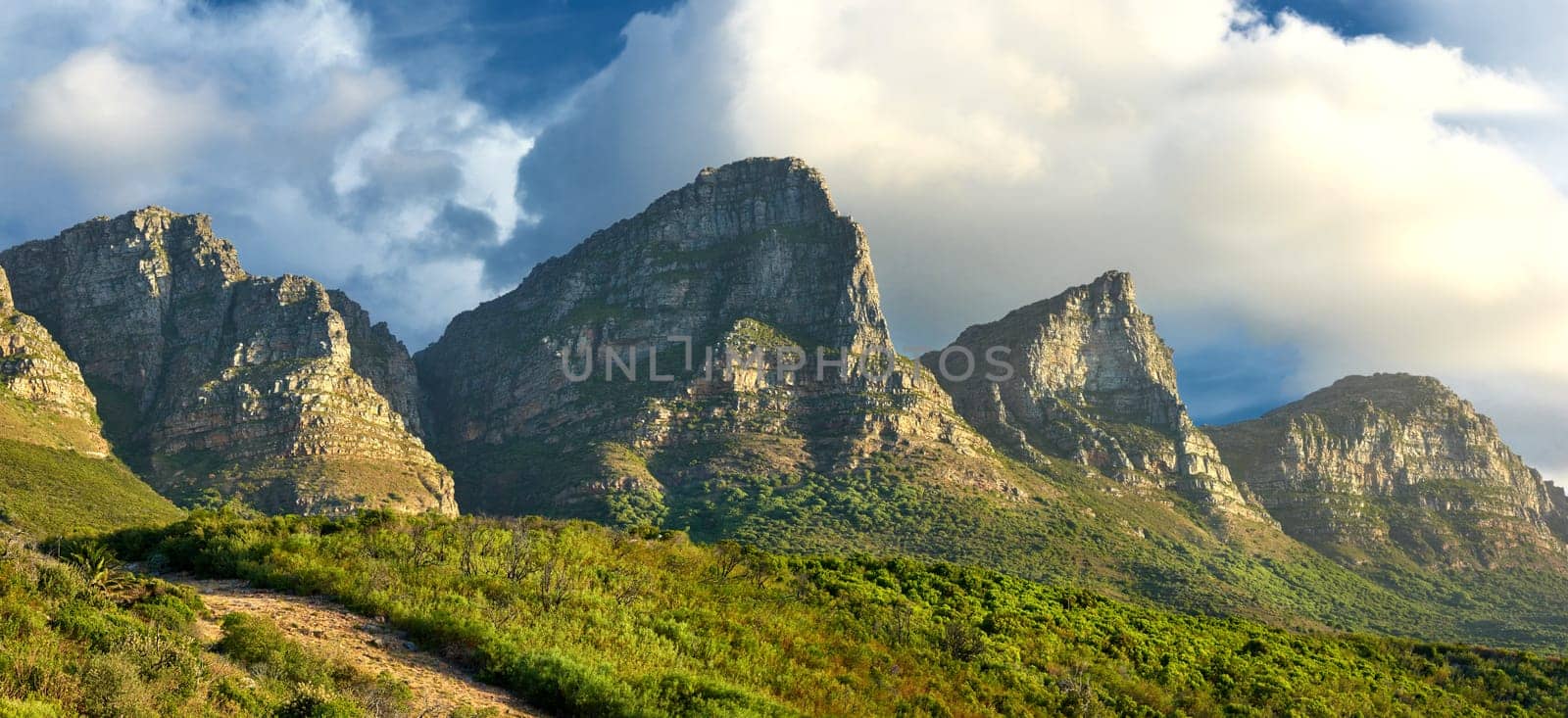 Mountain, nature and greenery view for travel holiday or forest explore or summer, environment or woods. Hills, blue sky and foliage trees for Fiji journey in countryside or grass, earth or location.