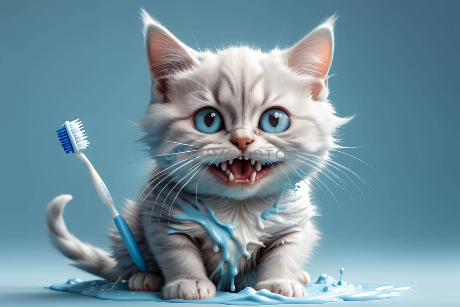 happy cat brushing his teeth, isolated on a light blue background .