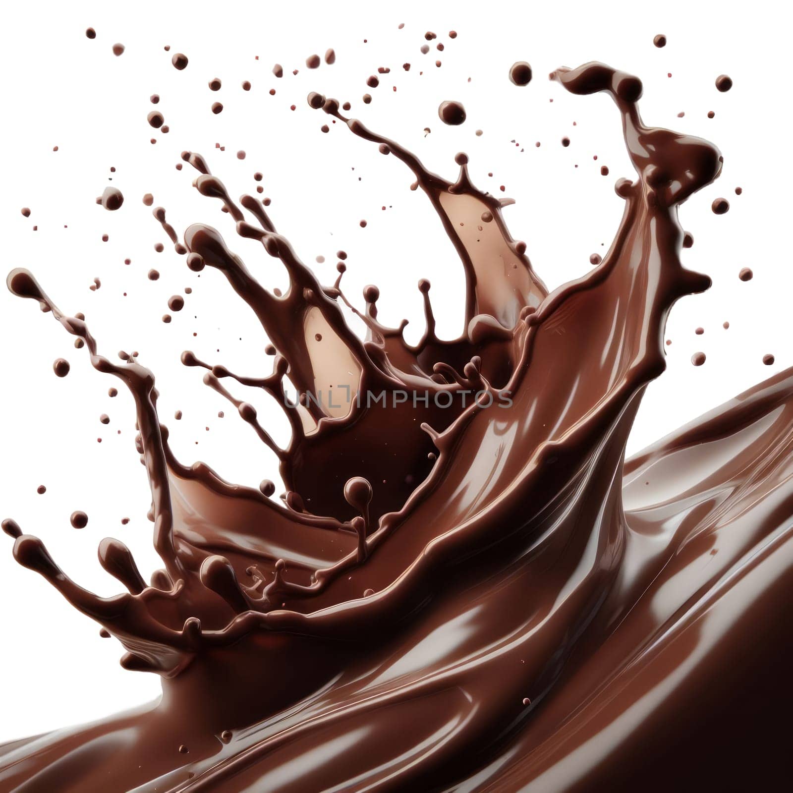 A dynamic splash of chocolate milk against a white background, forming a crown-like shape with droplets flying in all directions