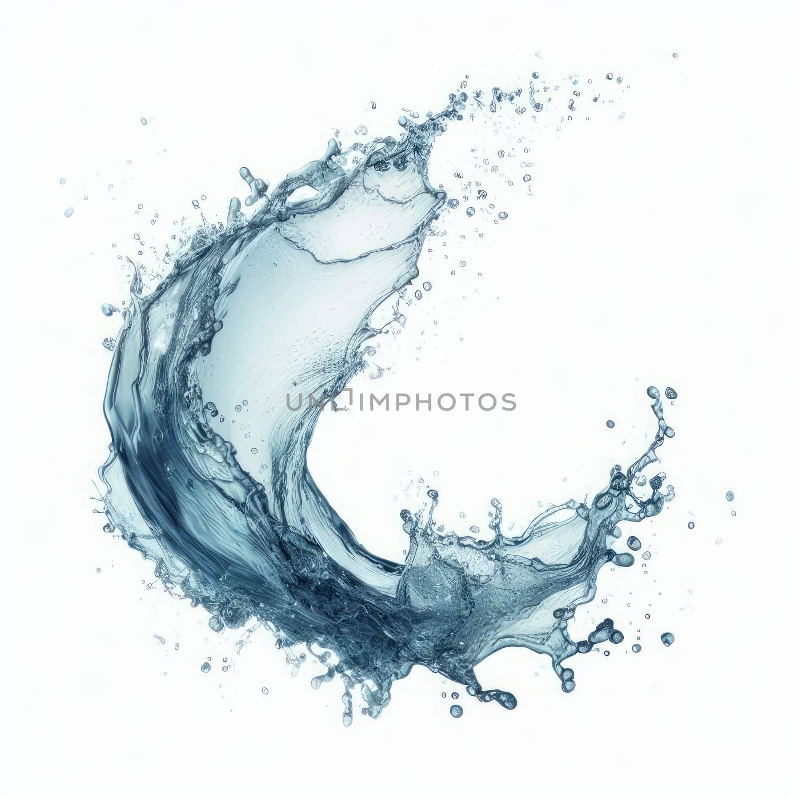 A dynamic splash of light blue water against a white background, forming a crescent shape