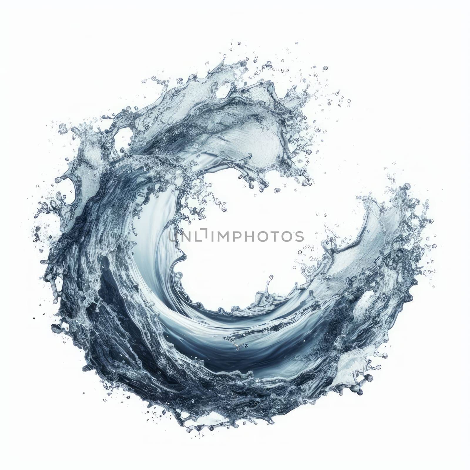 Photorealistic image of a circular wave of dark blue water splashing against a white background