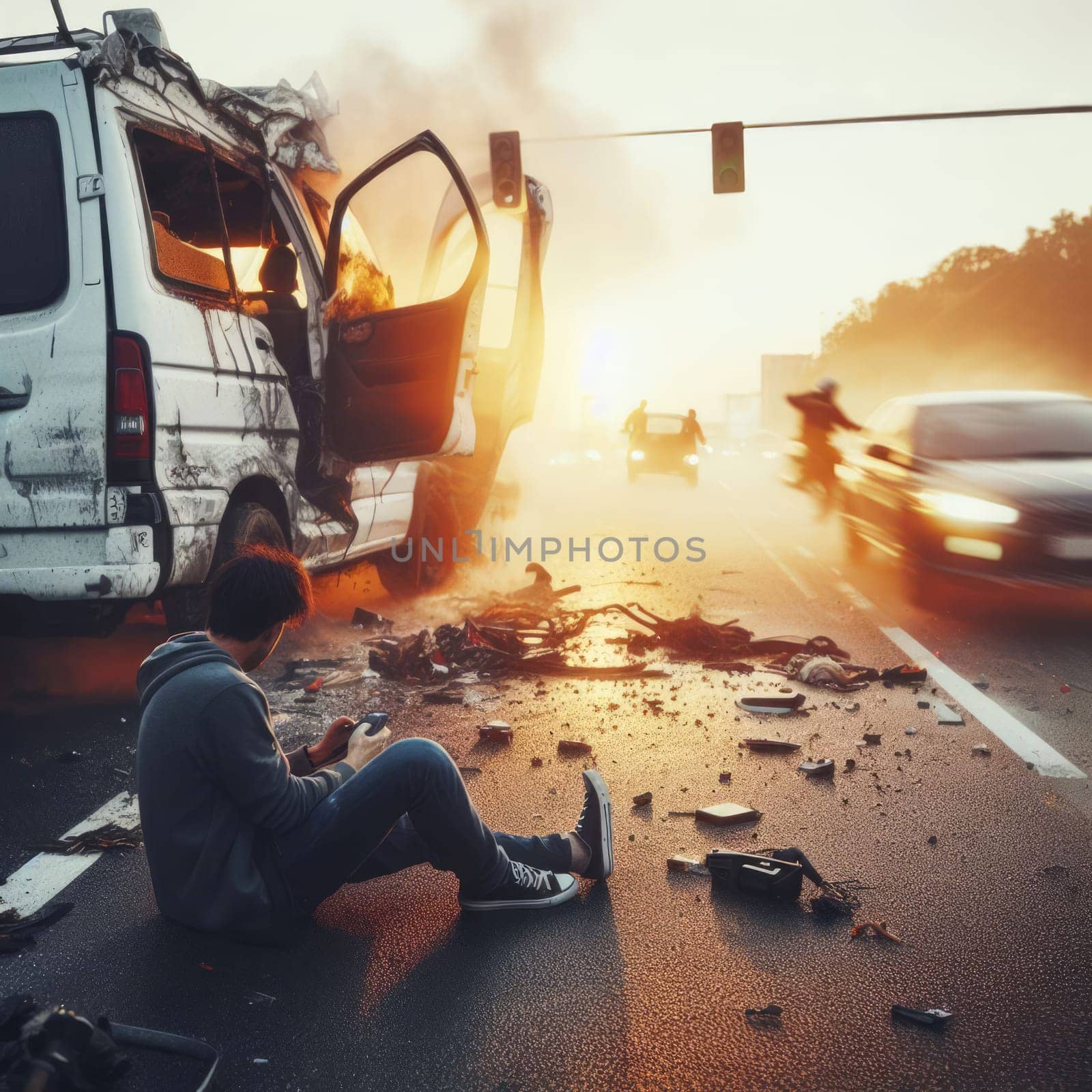 A young man in shock sits on the ground in front of a burning car wreckage on a highway, conveying a dramatic scene of chaos and destruction. by sfinks