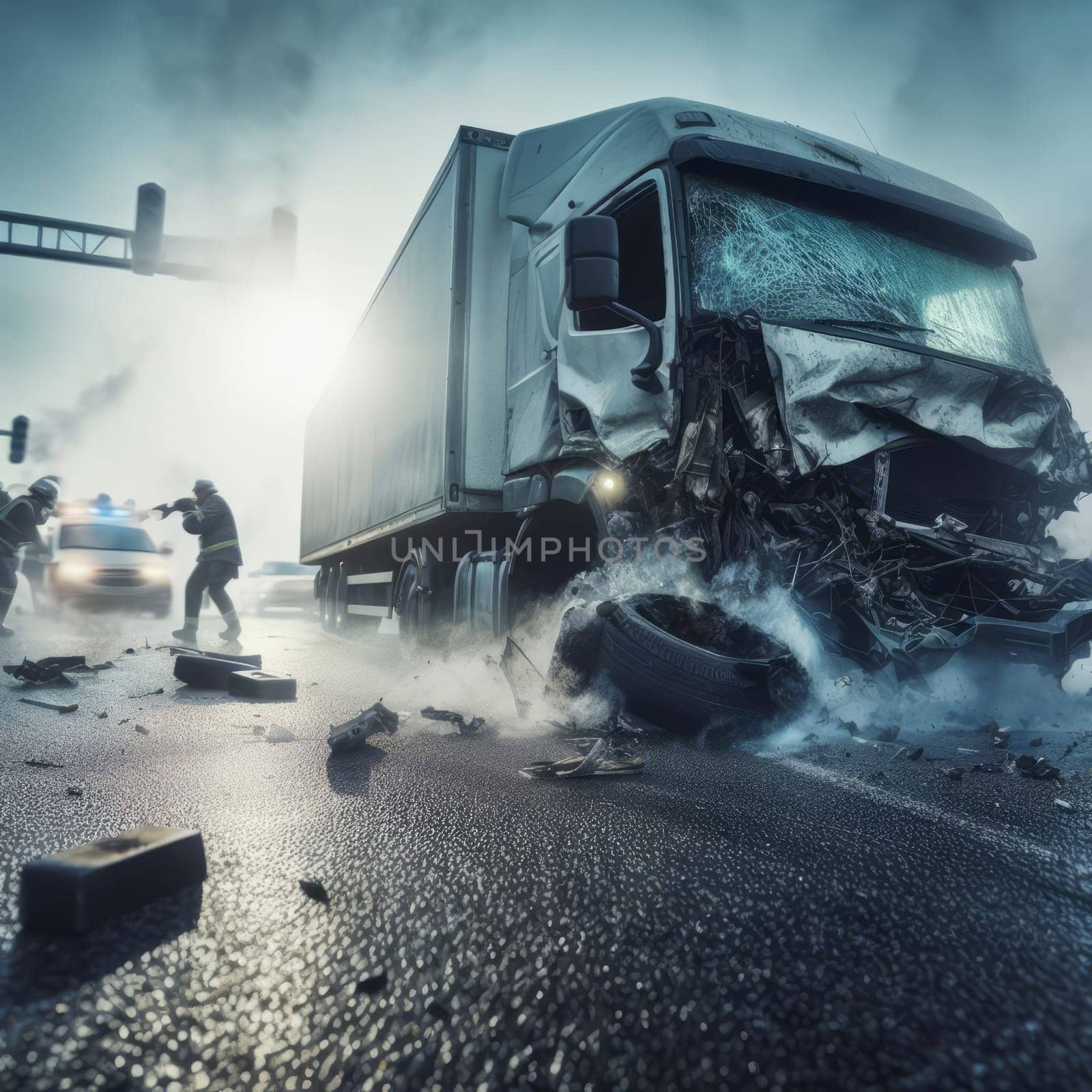 A dramatic scene of a truck accident on a misty road, with emergency responders and debris scattered