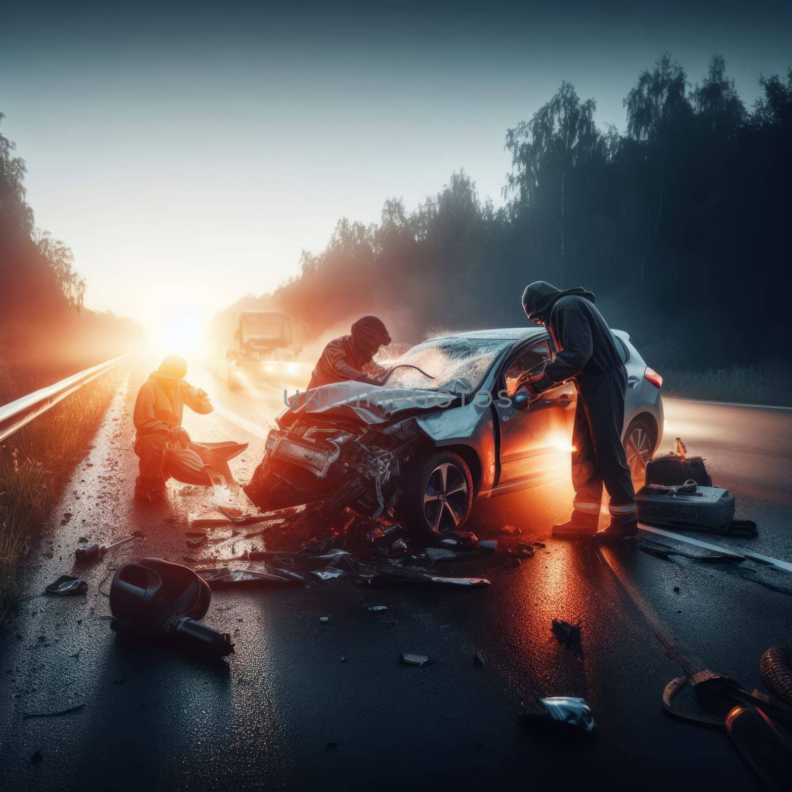 A car accident scene on a highway at dawn, with a severely damaged vehicle and people working on it