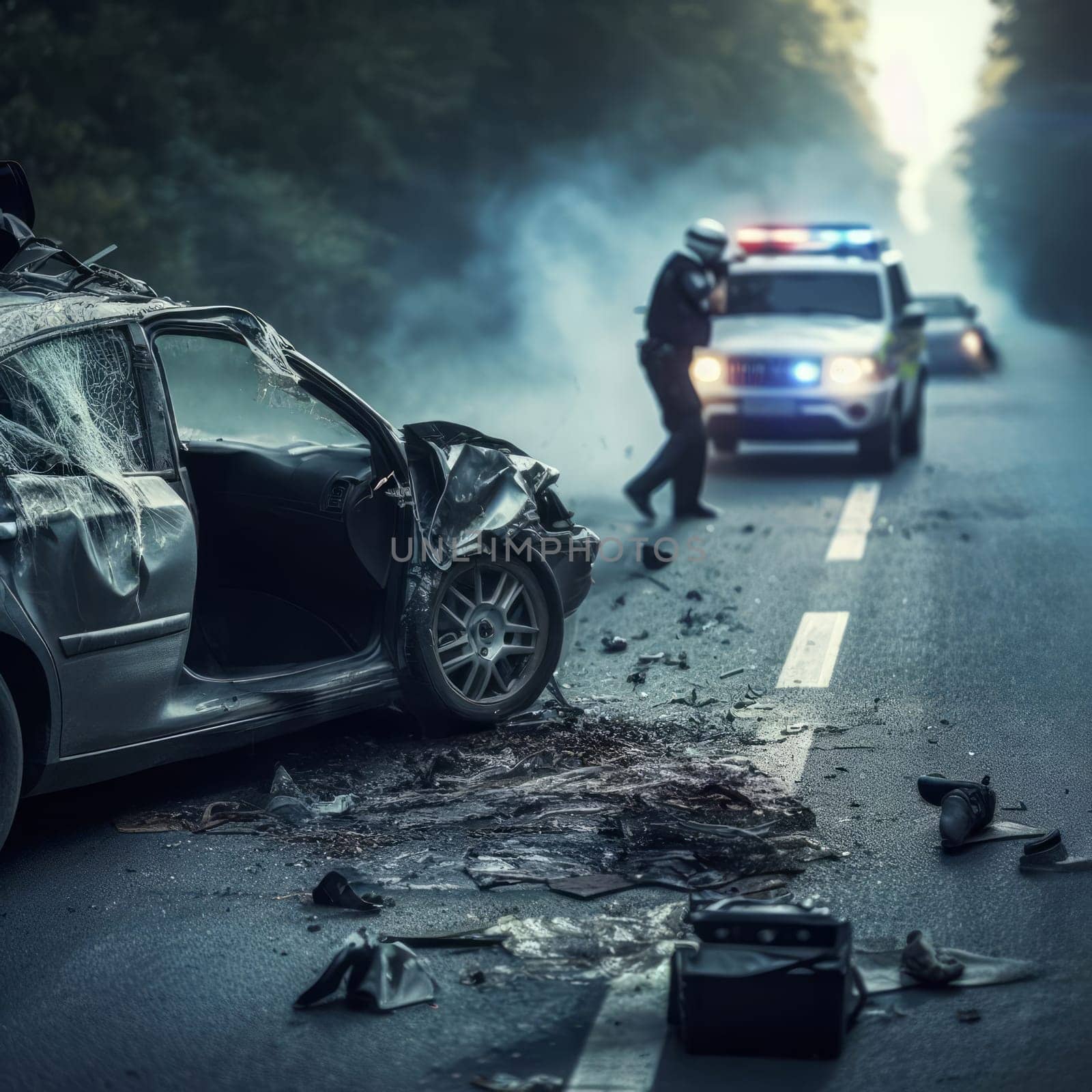 A car accident scene on a highway, with a heavily damaged vehicle and debris scattered around, and a police officer in the background