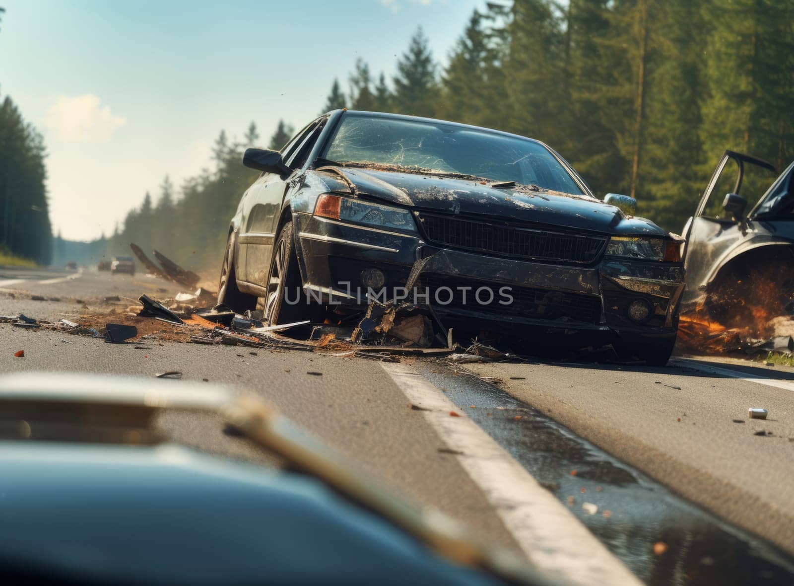 Scene of a severe car collision, with a heavily damaged vehicle and debris scattered on the road