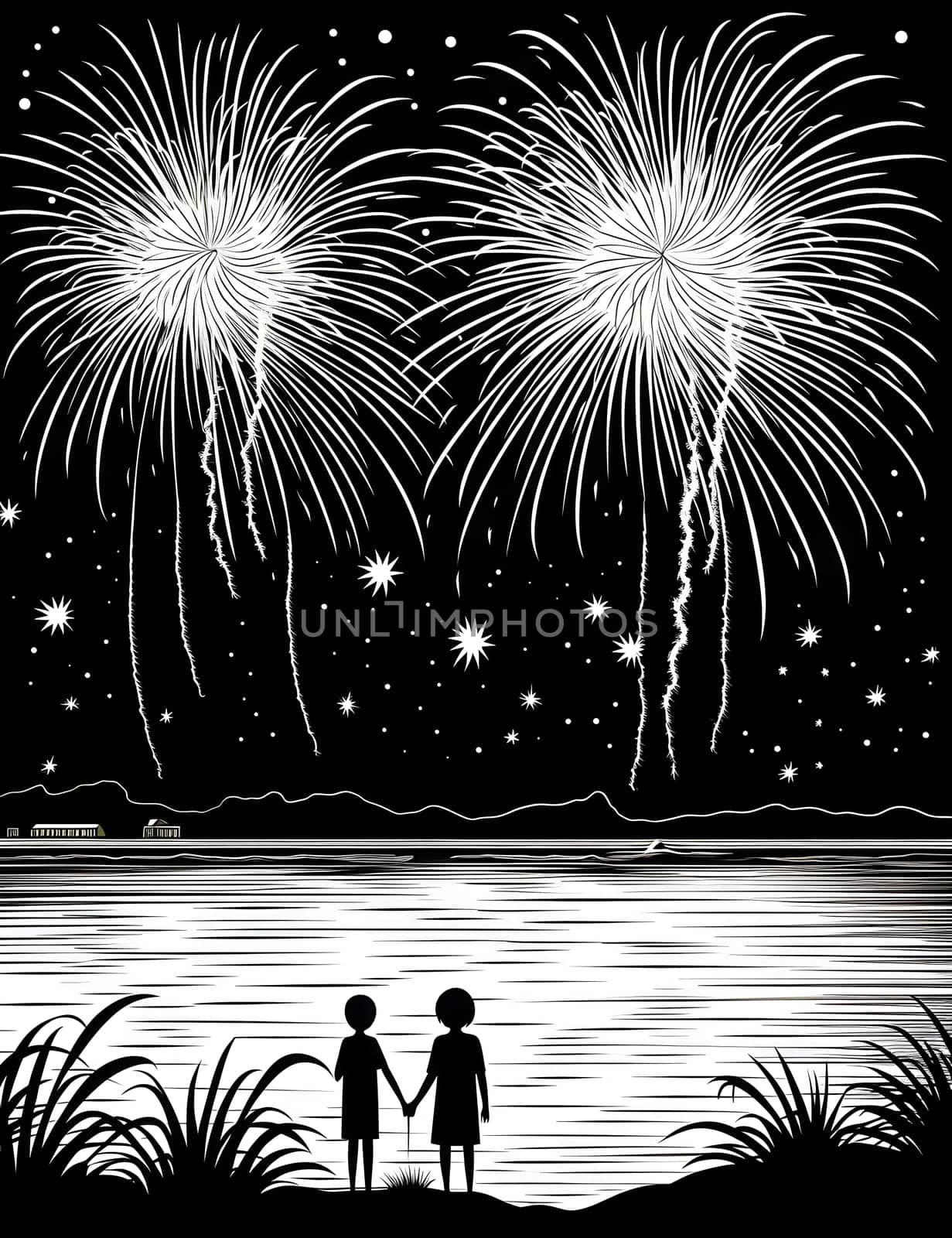 Black and White engraving, two people watching fireworks shooting in the sky. New Year's fun and festivities. A time of celebration and resolutions.