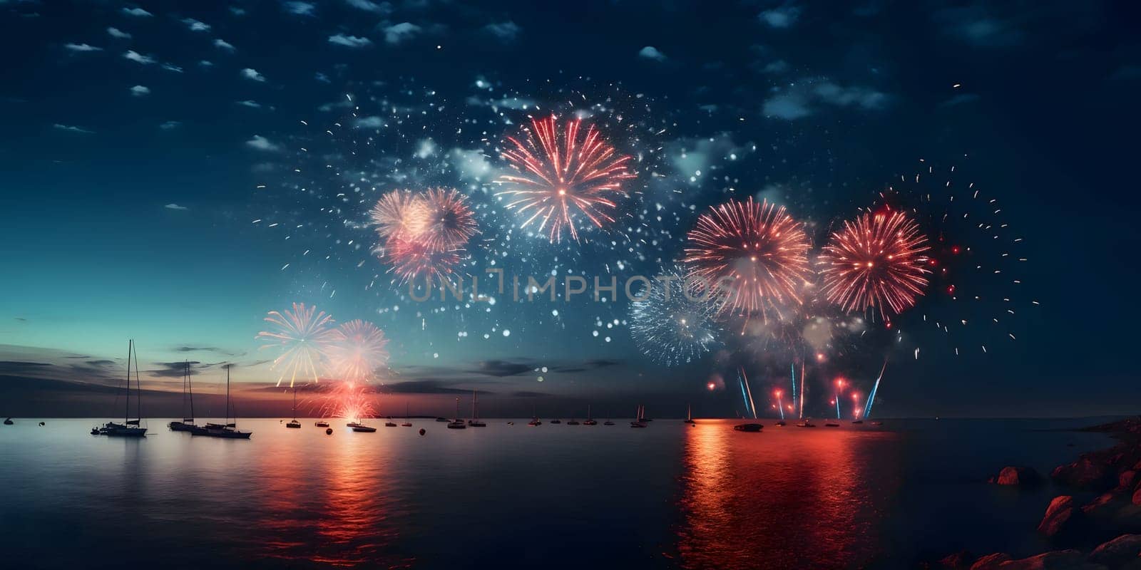 Colorful fireworks, explosions in the night sky over the ocean. New Year's fun and festivities. A time of celebration and resolutions.