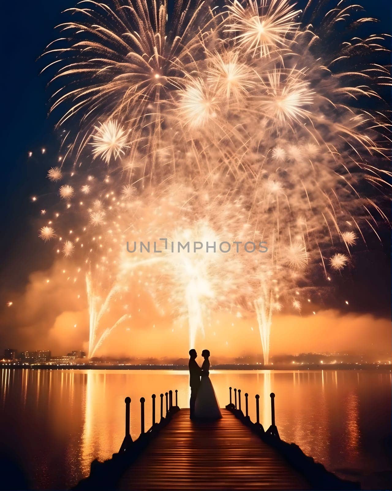 Fireworks launching against the night sky, on the lakeside platform a couple in an hug. New Year's fun and festivities. A time of celebration and resolutions.