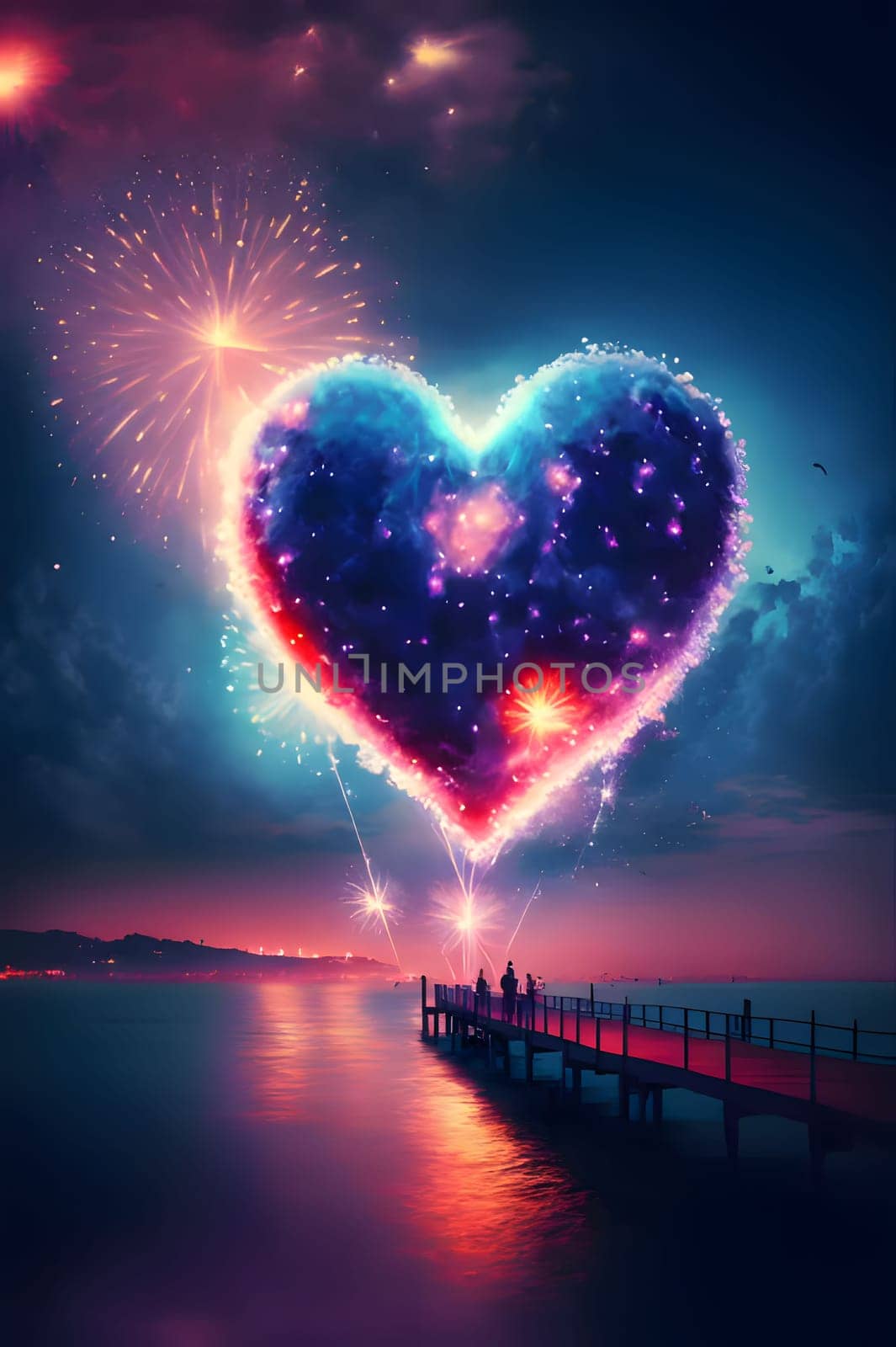 Colorful heart with fireworks on night background over the lake, sea. New Year's fun and festivities. A time of celebration and resolutions.