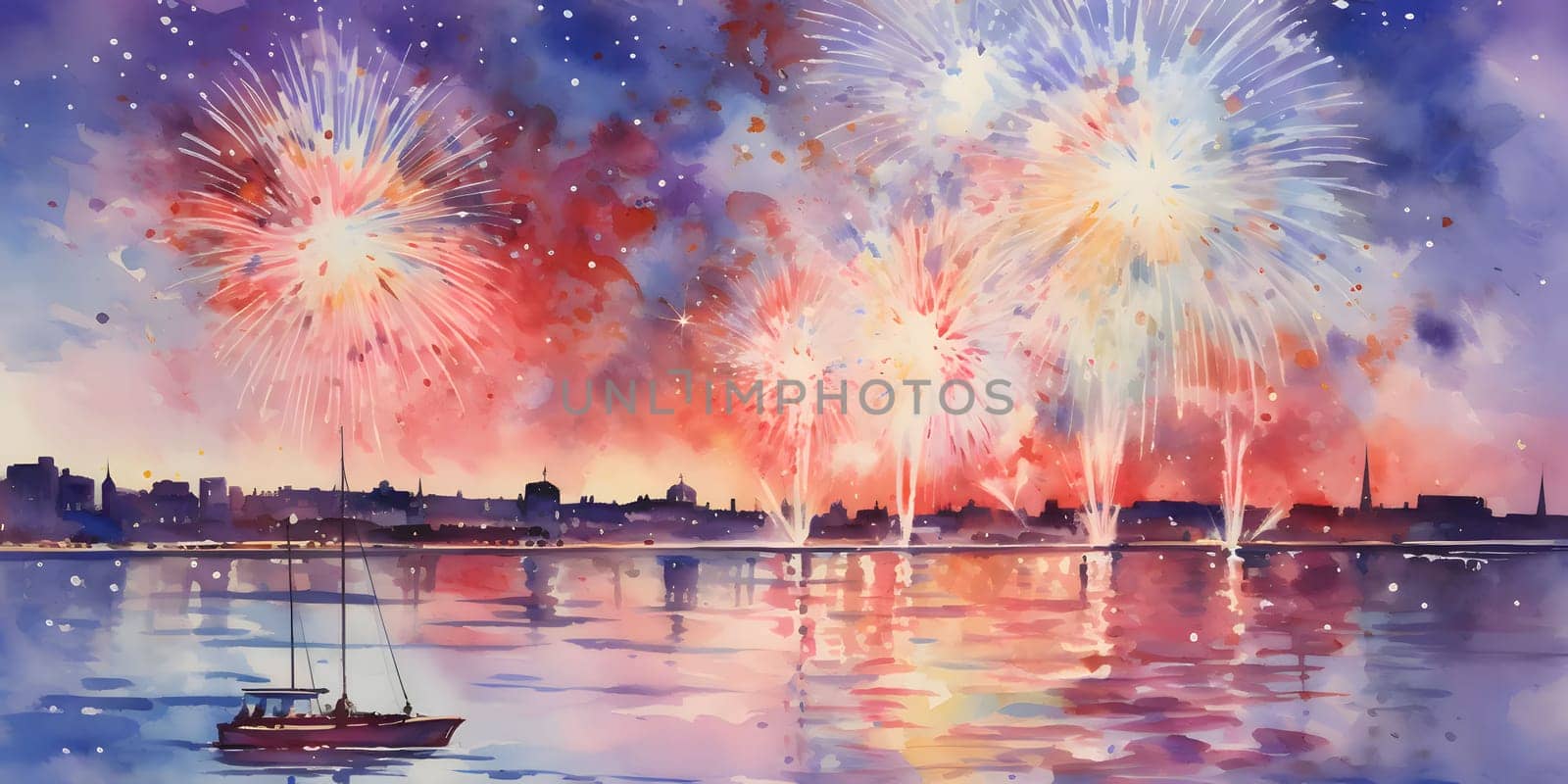 Illustration: colorful fireworks, explosions in the night sky over the lake, sea, pond. New Year's fun and festivities. A time of celebration and resolutions.