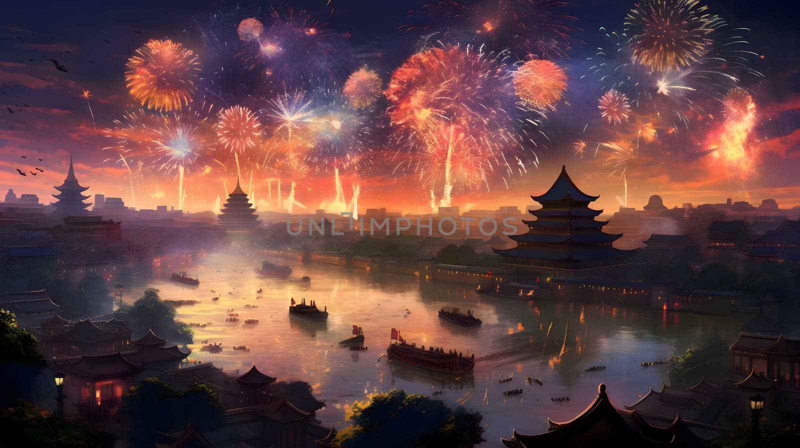 Illustration of fireworks shooting against this all sky background around the Chinese temple and boats on the water. New Year's fun and festivities. A time of celebration and resolutions.