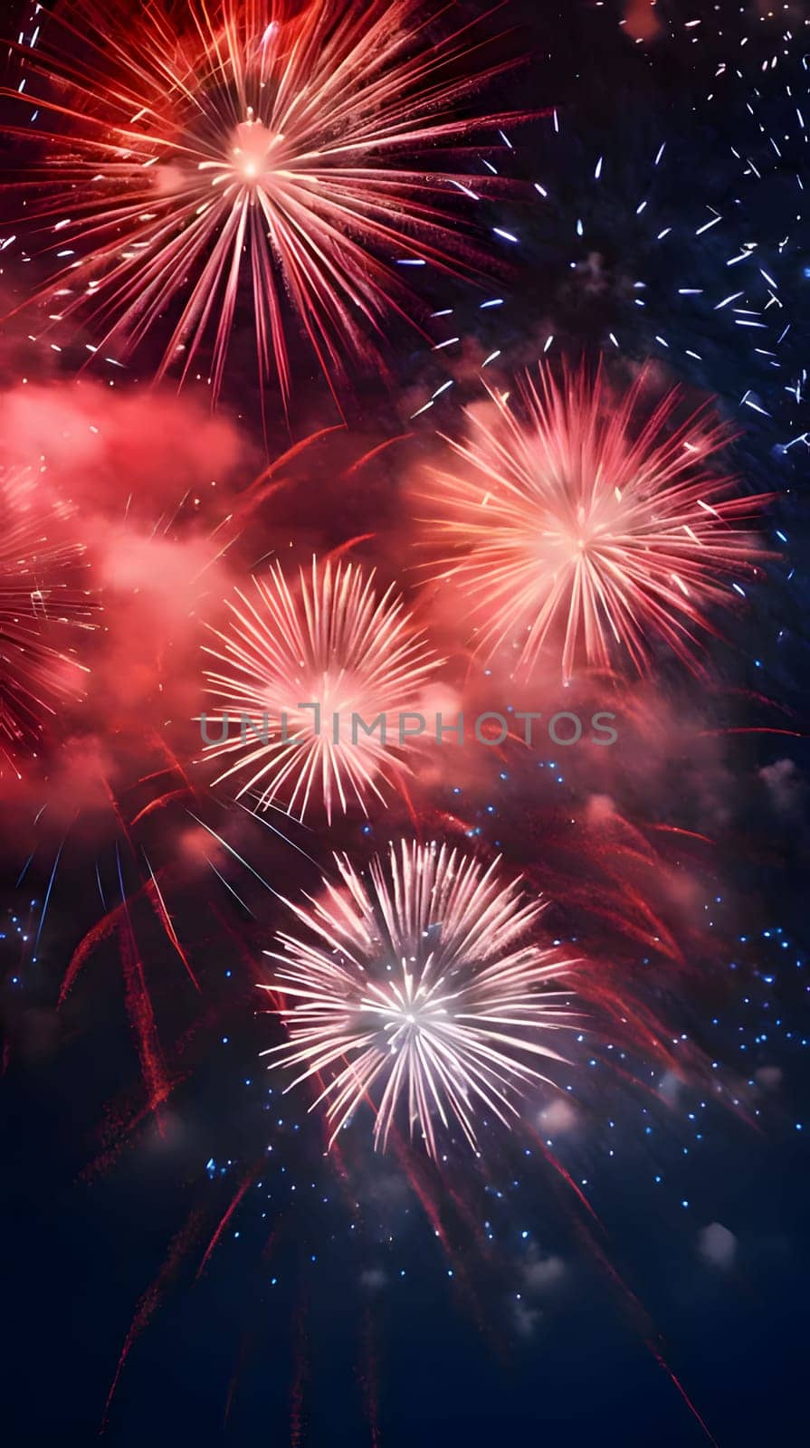 Red fireworks, explosions in the night sky. New Year's fun and festivities. A time of celebration and resolutions.