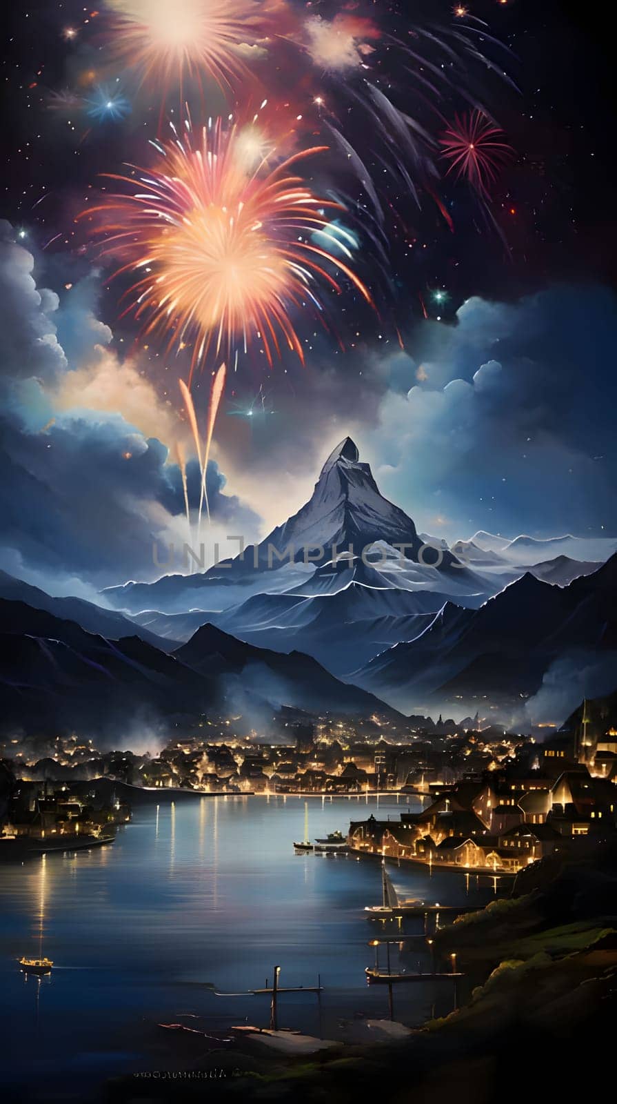 Explosions of fireworks against the night sky, a high mountain in the background, lakes in the valley and lit up to the house. New Year's fun and festivities. A time of celebration and resolutions.