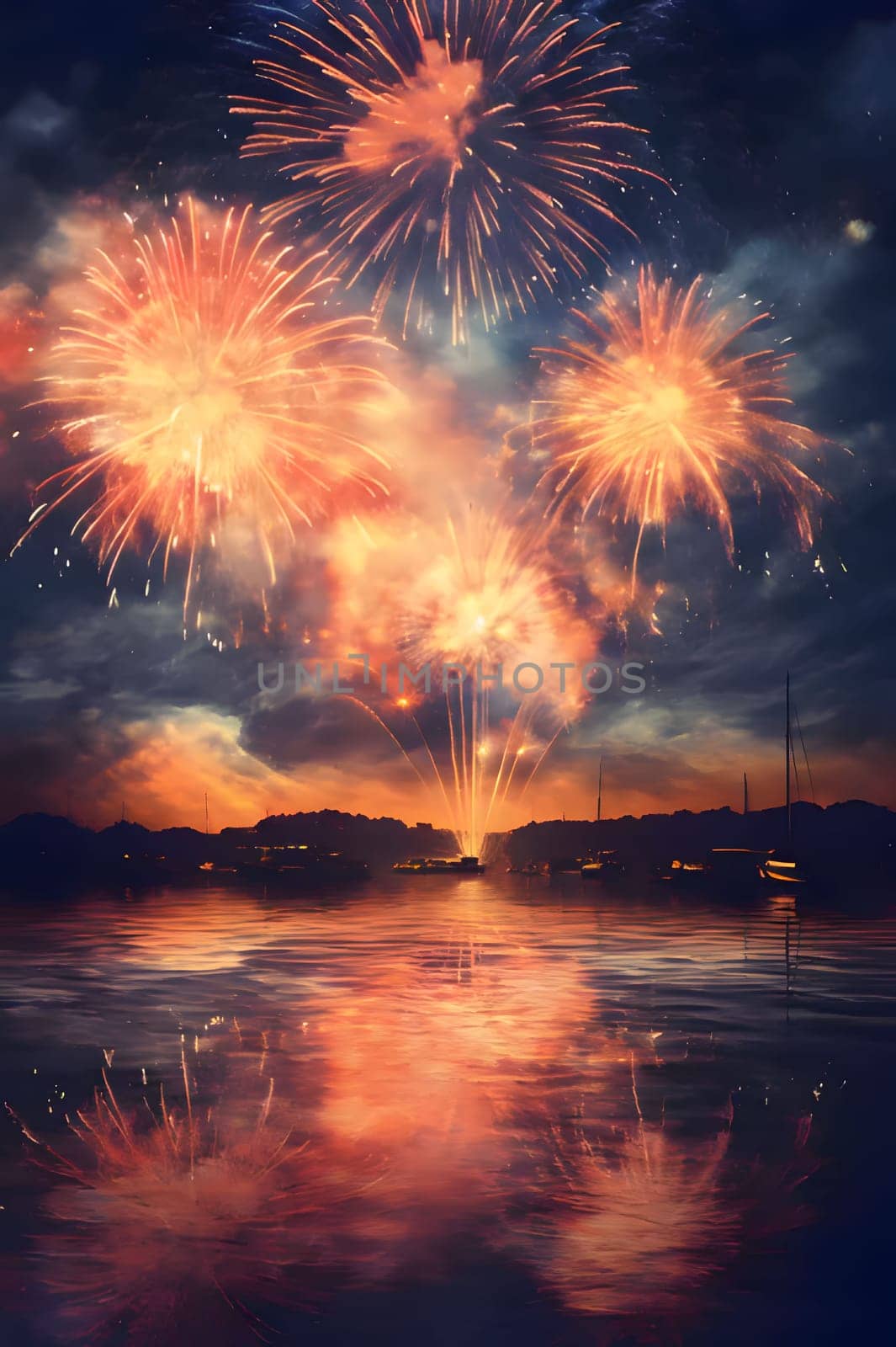 Illustration: colorful fireworks, explosions in the night sky over the lake, sea, pond. New Year's fun and festivities. A time of celebration and resolutions.