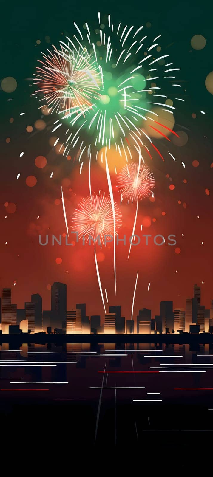 Illustration of fireworks explosion on the back of silhouettes of city skyscrapers. New Year's fun and festivities. A time of celebration and resolutions.