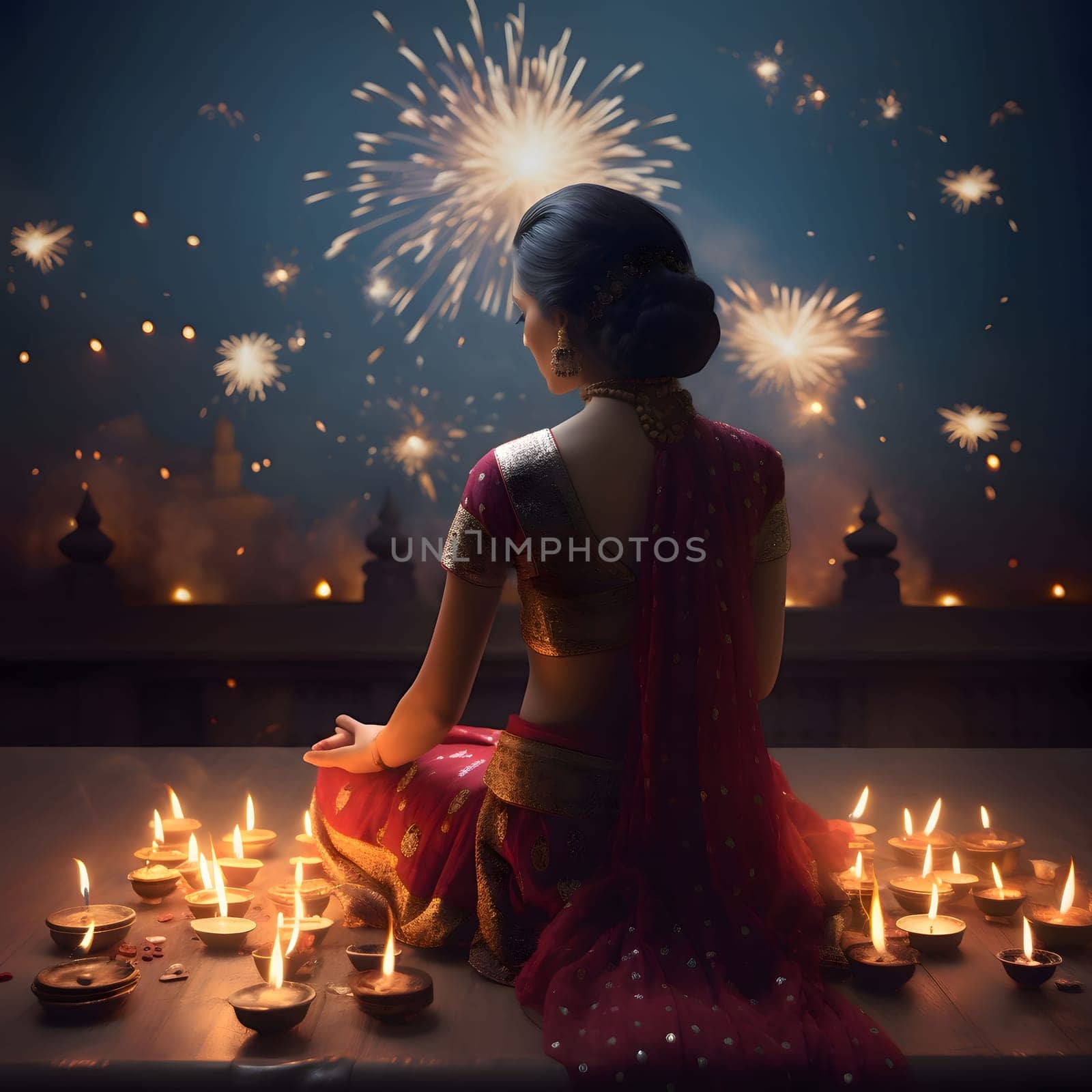 Young woman sitting by lit candles in the sky fireworks shots, diwali. New Year's fun and festivities. A time of celebration and resolutions.