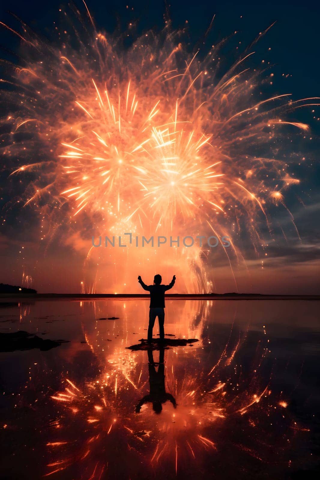 Man by the lake watching the shooting of colorful fireworks in the sky. New Year's fun and festivities. A time of celebration and resolutions.