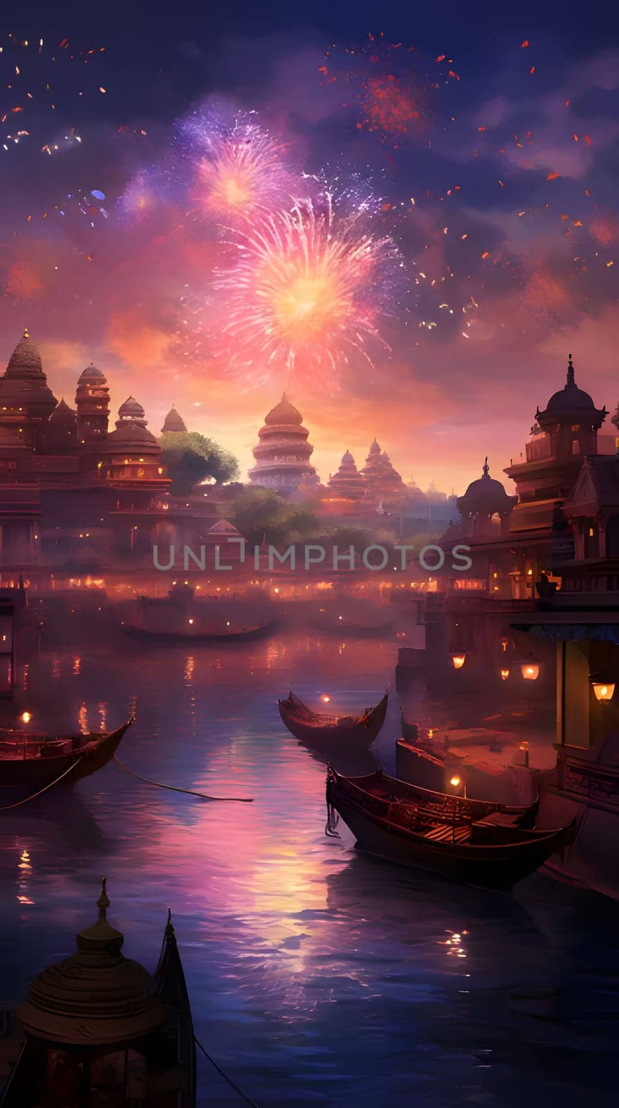 Indian temples, boats, a lake and a fireworks show in the sky. New Year's fun and festivities. A time of celebration and resolutions.