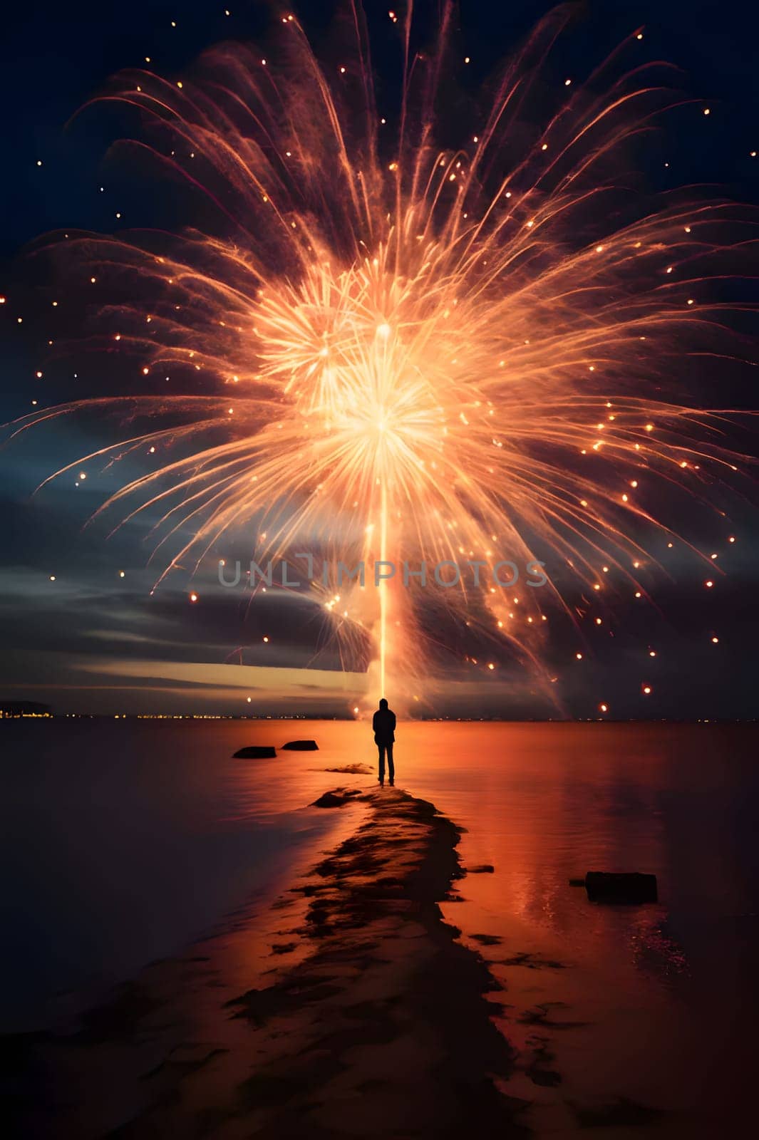 Silhouette of a man on the beach in the sky firing fireworks. New Year's party and celebrations. A time of celebration and resolutions.