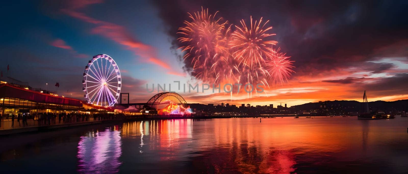 Colorful fireworks, an explosion over the London Eye and Bridge at sunset over the river. New Year's party and celebrations. A time of celebration and resolutions.