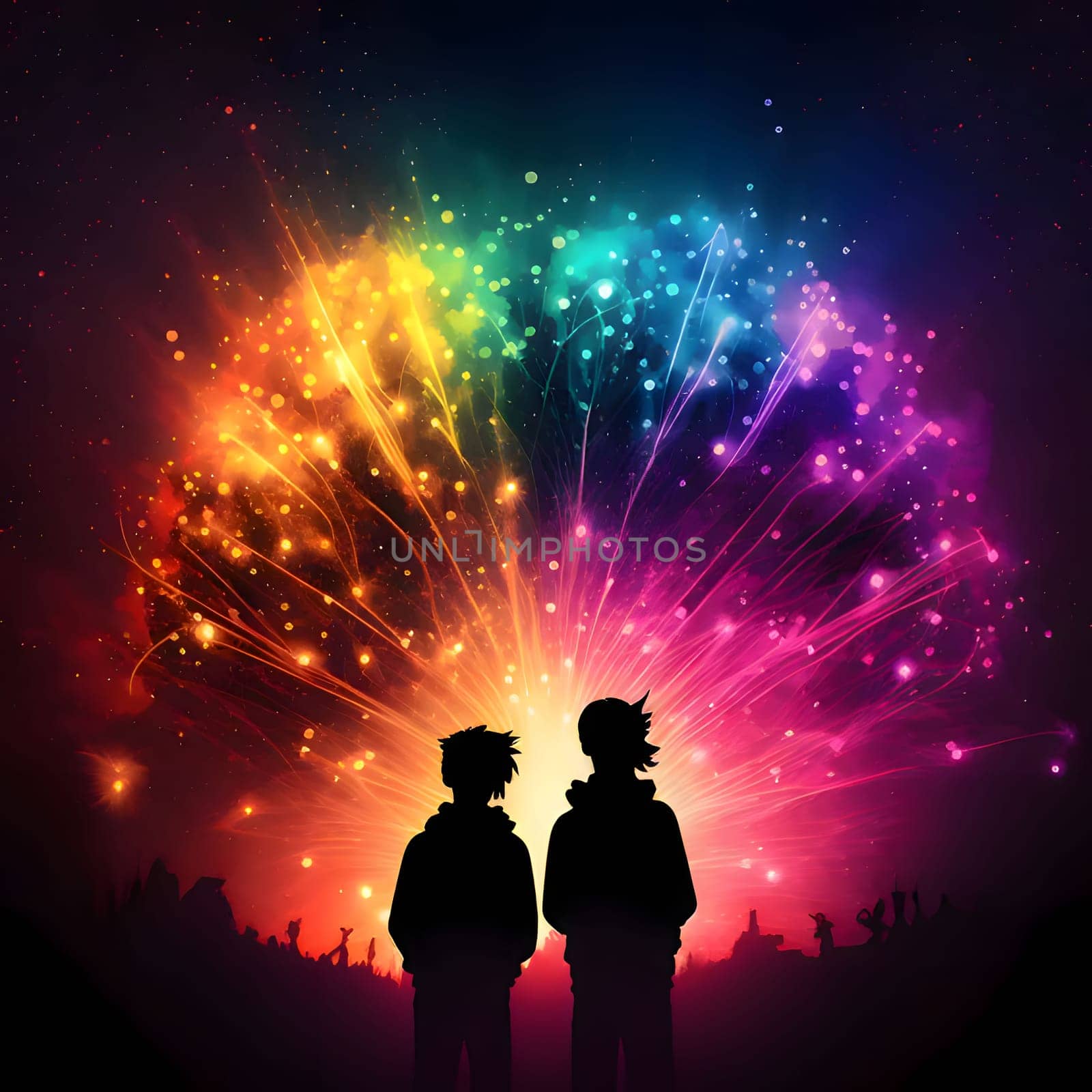 Silhouettes of two people watching a show of colorful fireworks in the sky. New Year's fun and festivities. A time of celebration and resolutions.